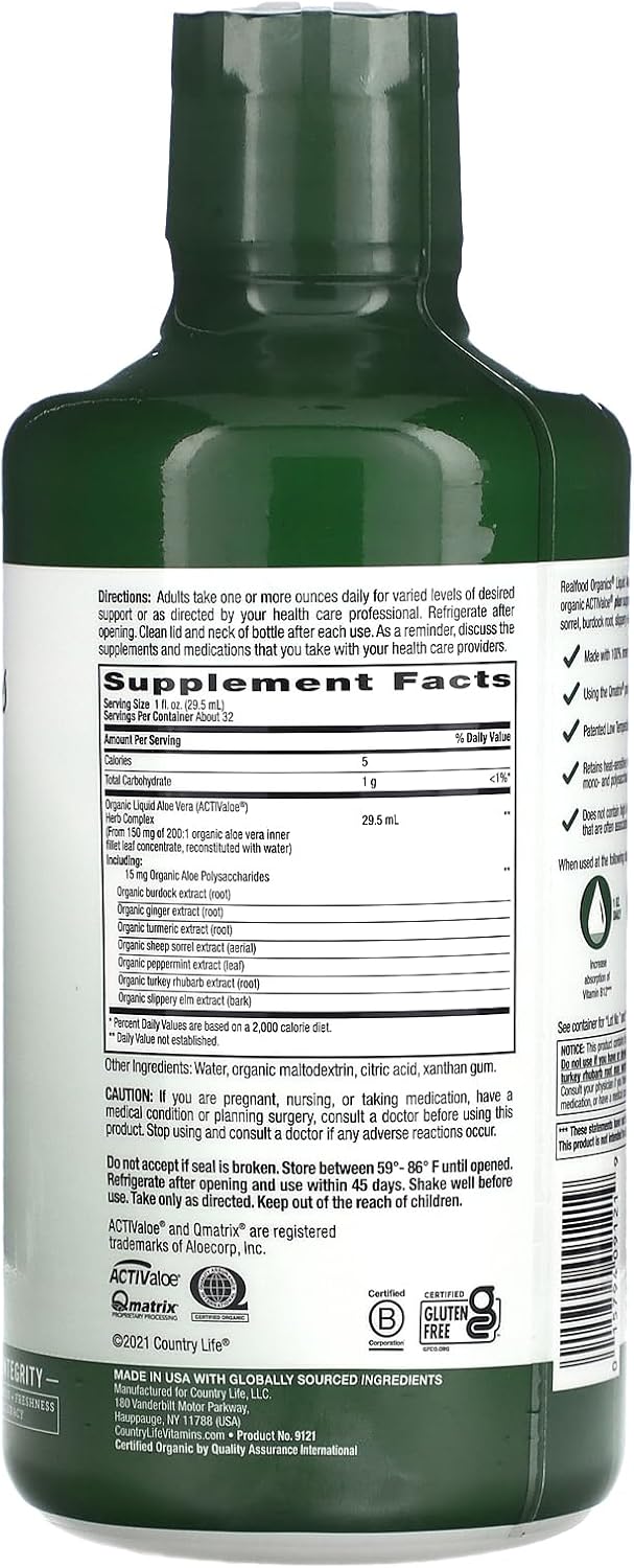 Organic Liquid Aloe Vera Plus with Slippery Elm, Ginger, Turmeric & Peppermint - Supports Digestive Health & Immune System - 32 oz