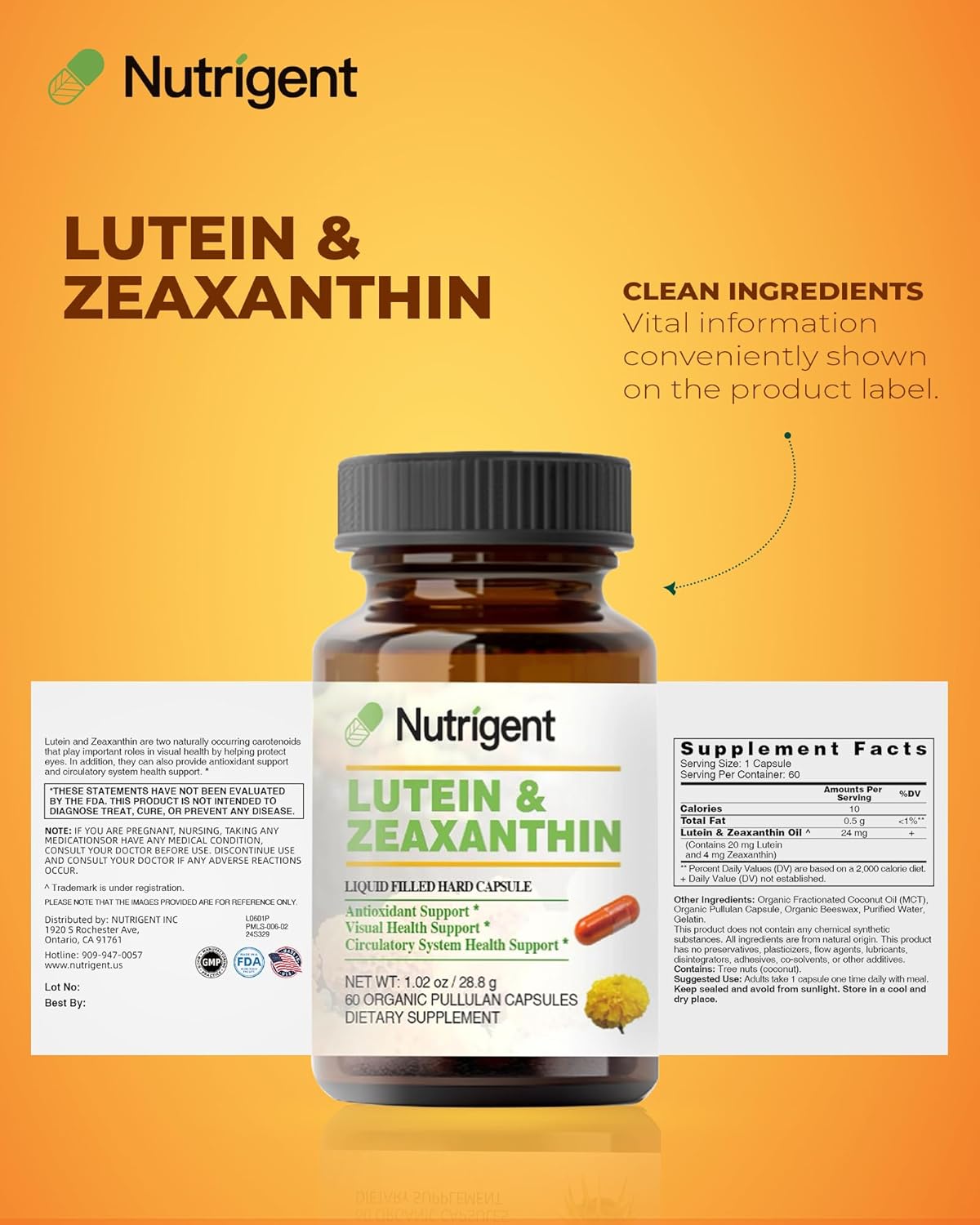 Organic Liquid-Filled Lutein 20mg Capsules with Zeaxanthin for Vision Health - Gluten & Soy-Free Eye Health Supplement (60ct)