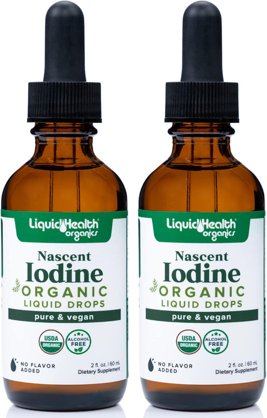 Organic Liquid Iodine Drops for Thyroid & Immune Support - USDA Organic, Vegan, Colorless & Tasteless - 2 Pack