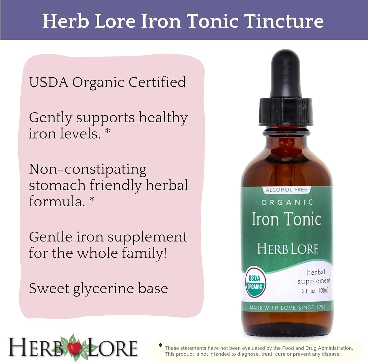 Organic Liquid Iron Drops Supplement for Kids & Women - Gentle Herbal Tincture (2 fl oz)