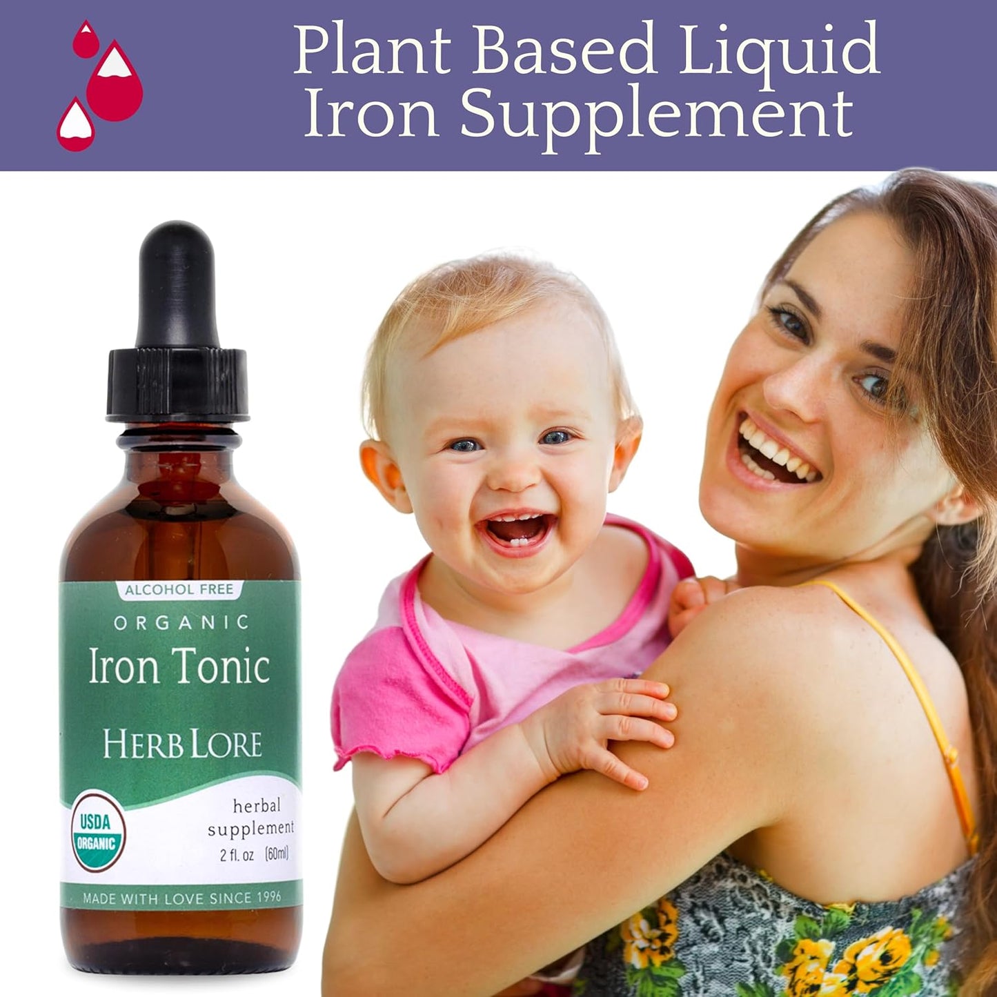 Organic Liquid Iron Drops Supplement for Kids & Women - Gentle Herbal Tincture (2 fl oz)