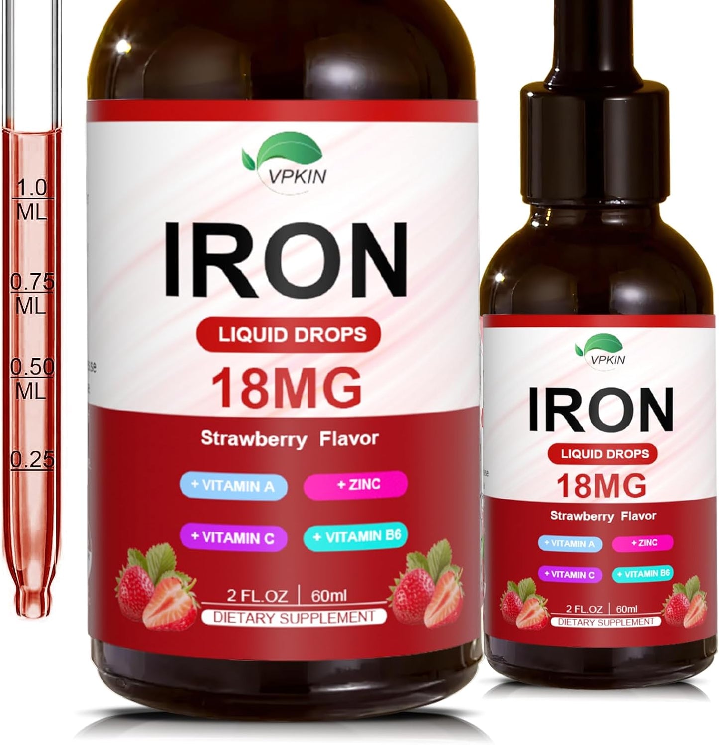 Organic Liquid Iron Supplement with Folate, Vitamin C, B12 for Immune Support - Vegan Strawberry Flavored - 2 Fl Oz