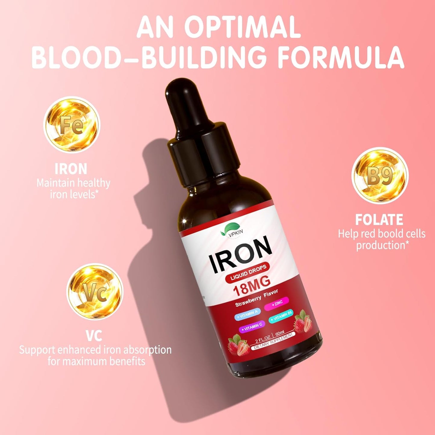 Organic Liquid Iron Supplement with Folate, Vitamin C, B12 for Immune Support - Vegan Strawberry Flavored - 2 Fl Oz