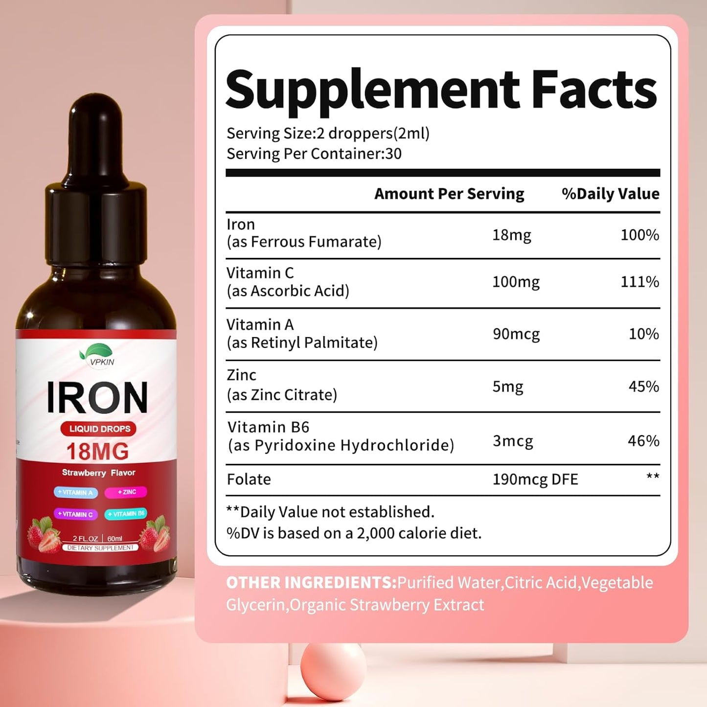 Organic Liquid Iron Supplement with Folate, Vitamin C, B12 for Immune Support - Vegan Strawberry Flavored - 2 Fl Oz