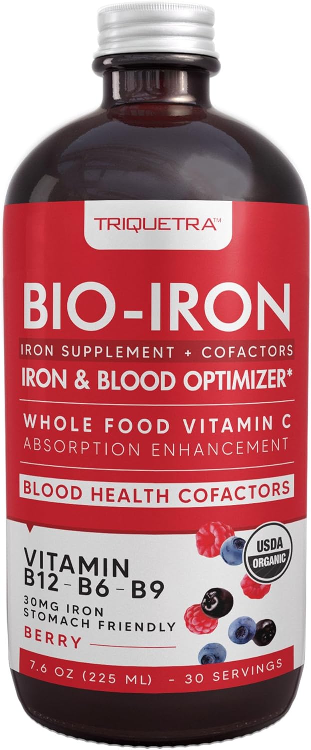 Organic Liquid Iron Supplement with Whole Food Vitamin C for Healthy Iron Levels - Berry Flavored - 7.6 oz