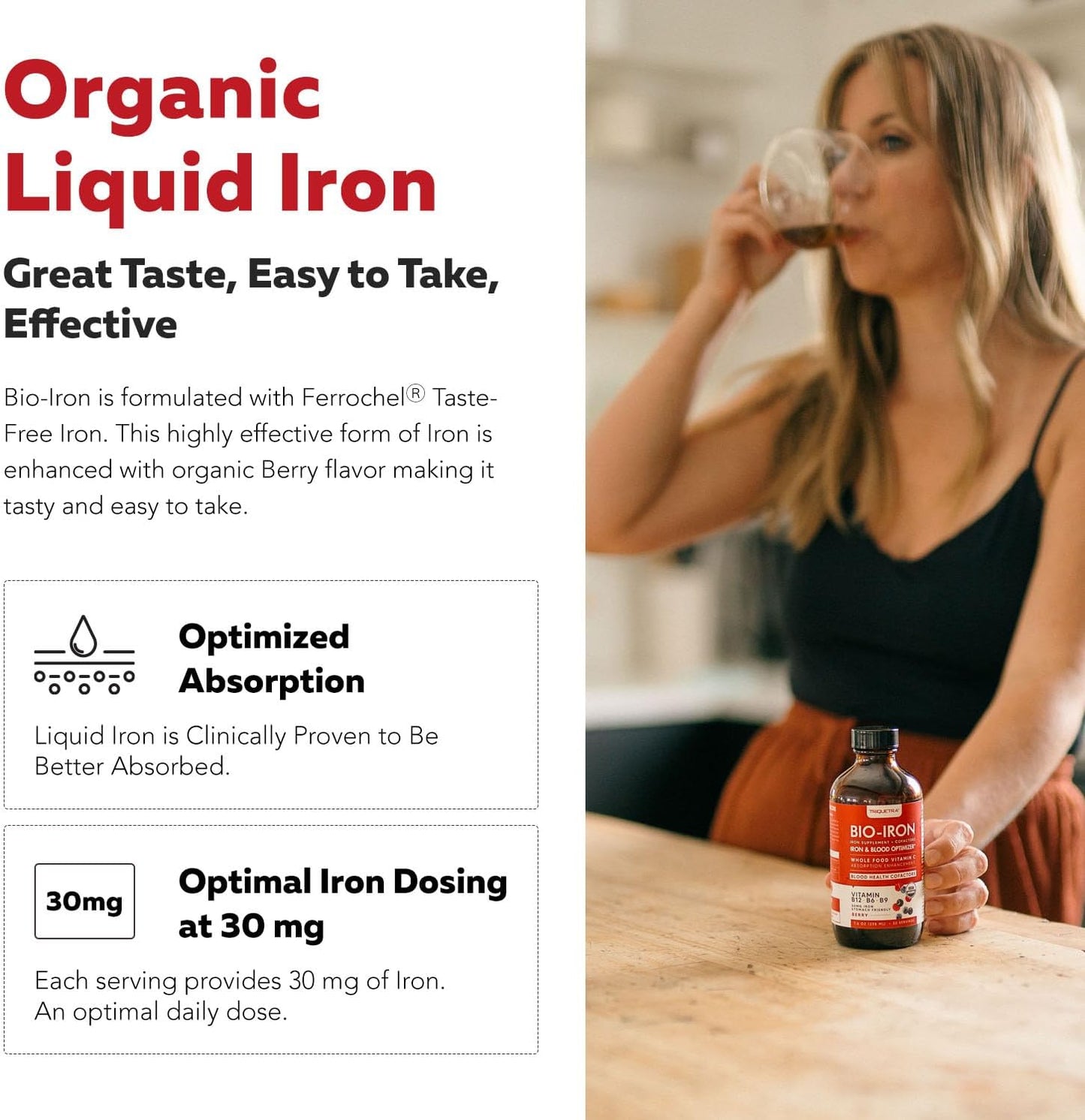 Organic Liquid Iron Supplement with Whole Food Vitamin C for Healthy Iron Levels - Berry Flavored - 7.6 oz