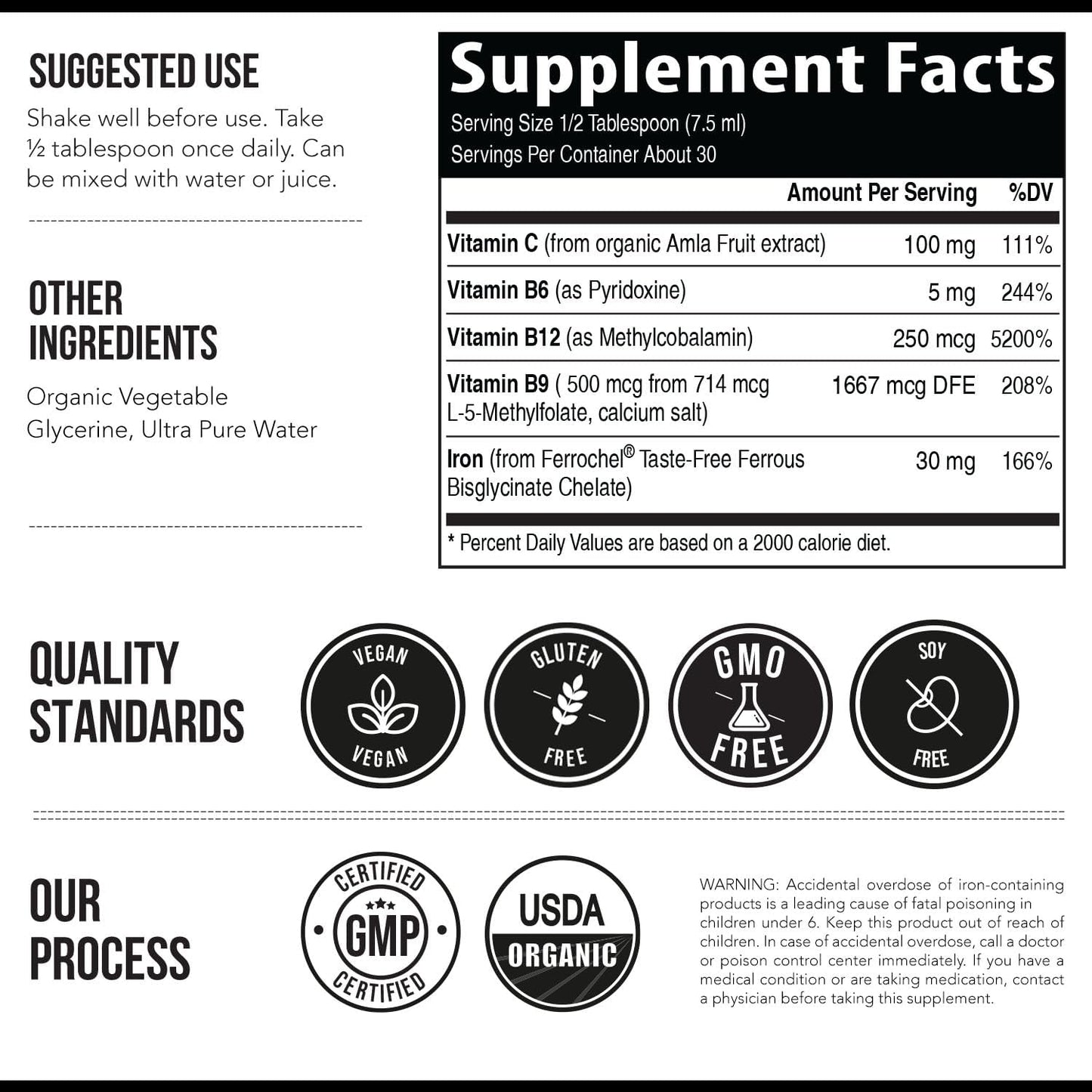 Organic Liquid Iron Supplement with Whole Food Vitamin C for Healthy Iron Levels - Berry Flavored - 7.6 oz
