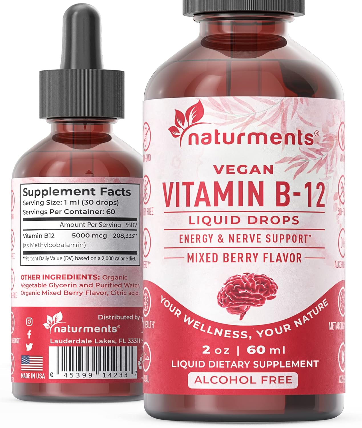 Organic Liquid Vitamin B12 Drops for Energy & Nerve Support - 5000 mcg, Vegan, Non-GMO, Alcohol and Sugar Free - 2 Fl Oz