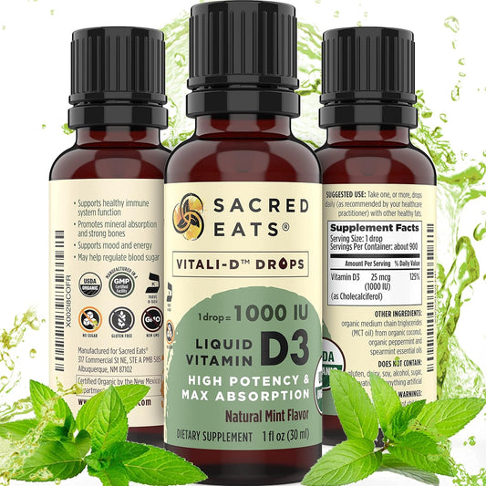 Organic Liquid Vitamin D Drops in Coconut MCT Oil - 1,000 IU/Drop, Sugar-Free, Great Taste - Max Absorption VIT D3 Supplement for Kids & Adults