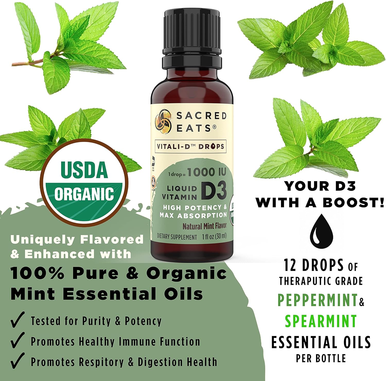 Organic Liquid Vitamin D Drops in Coconut MCT Oil - 1,000 IU/Drop, Sugar-Free, Great Taste - Max Absorption VIT D3 Supplement for Kids & Adults