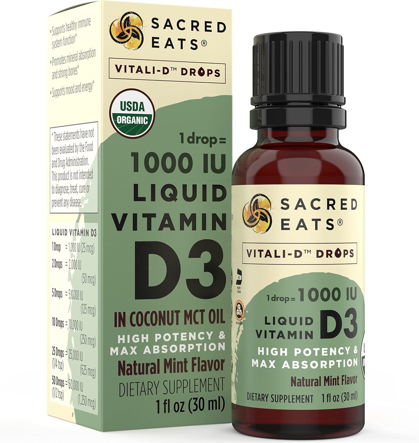 Organic Liquid Vitamin D Drops in Coconut MCT Oil - 1,000 IU/Drop, Sugar-Free, Great Taste - Max Absorption VIT D3 Supplement for Kids & Adults