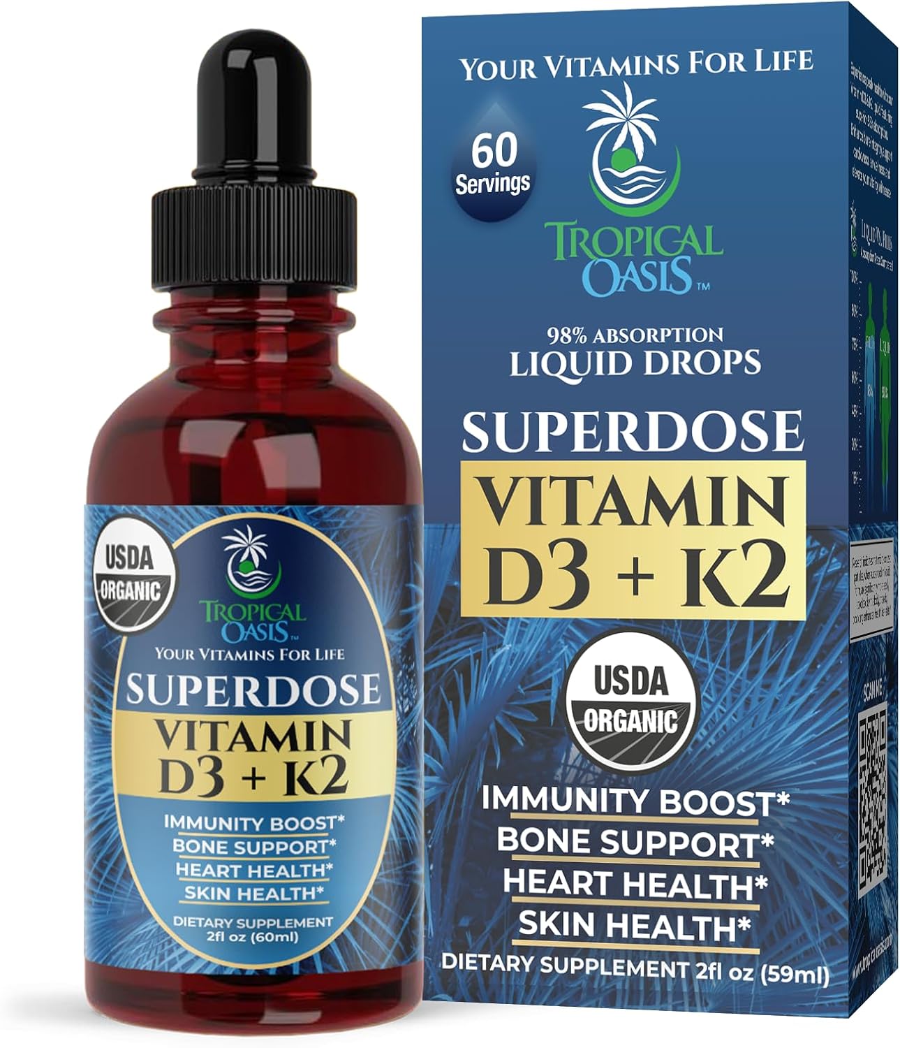 Organic Liquid Vitamin D3 K2 Drops for Adults | High-Potency 8000IU Vitamin D3 | Immune & Bone Health Supplement | 60 Servings | Vegan, Non-GMO | 2 Fl Oz Bottle
