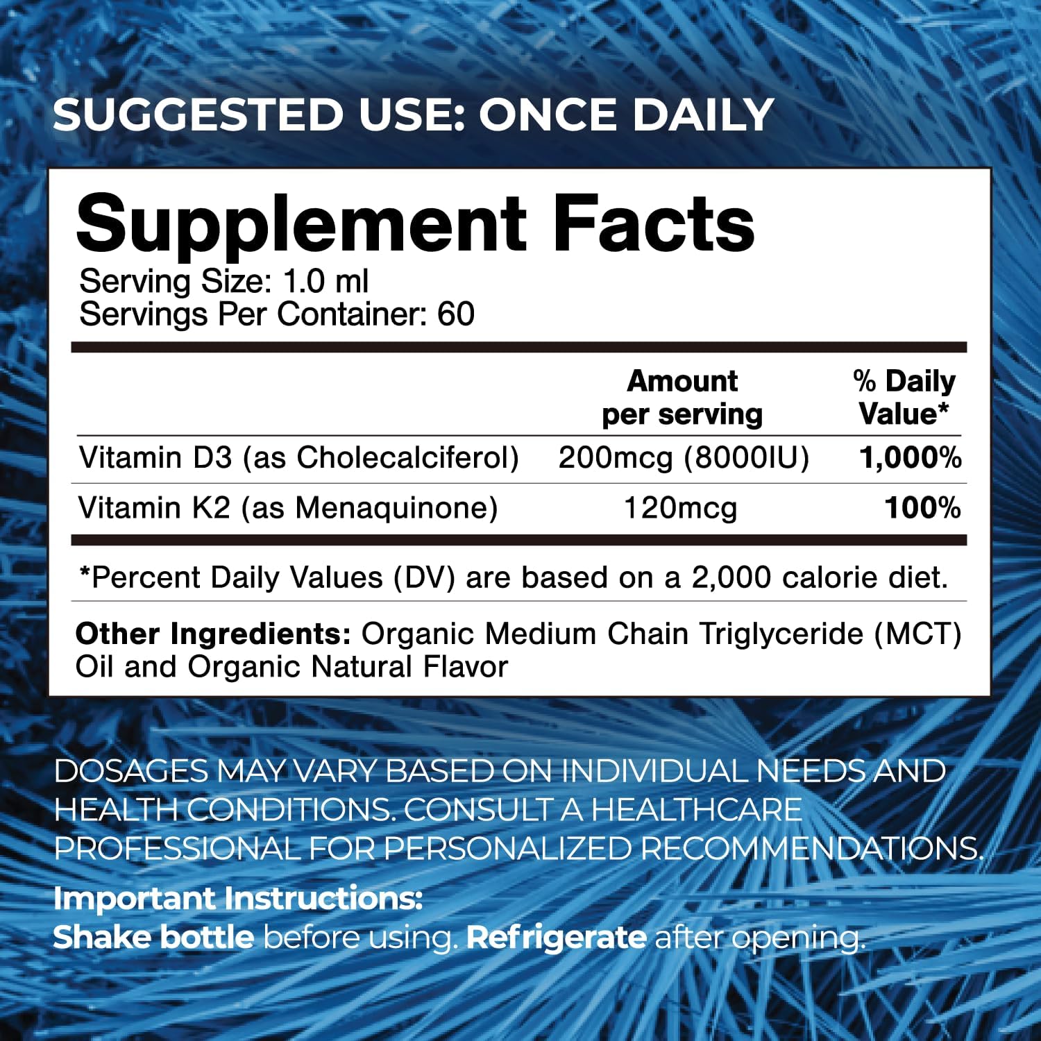 Organic Liquid Vitamin D3 K2 Drops for Adults | High-Potency 8000IU Vitamin D3 | Immune & Bone Health Supplement | 60 Servings | Vegan, Non-GMO | 2 Fl Oz Bottle