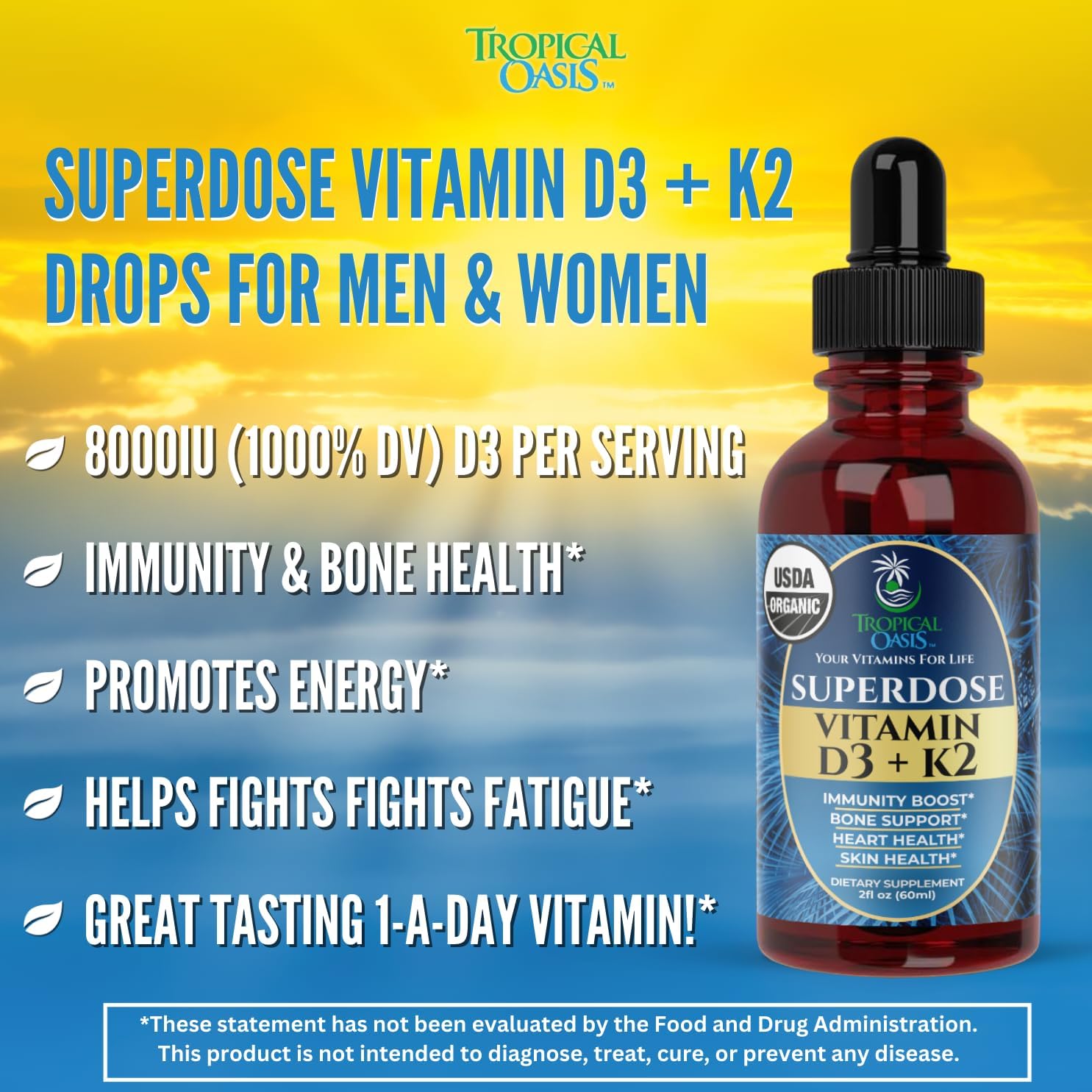 Organic Liquid Vitamin D3 K2 Drops for Adults | High-Potency 8000IU Vitamin D3 | Immune & Bone Health Supplement | 60 Servings | Vegan, Non-GMO | 2 Fl Oz Bottle