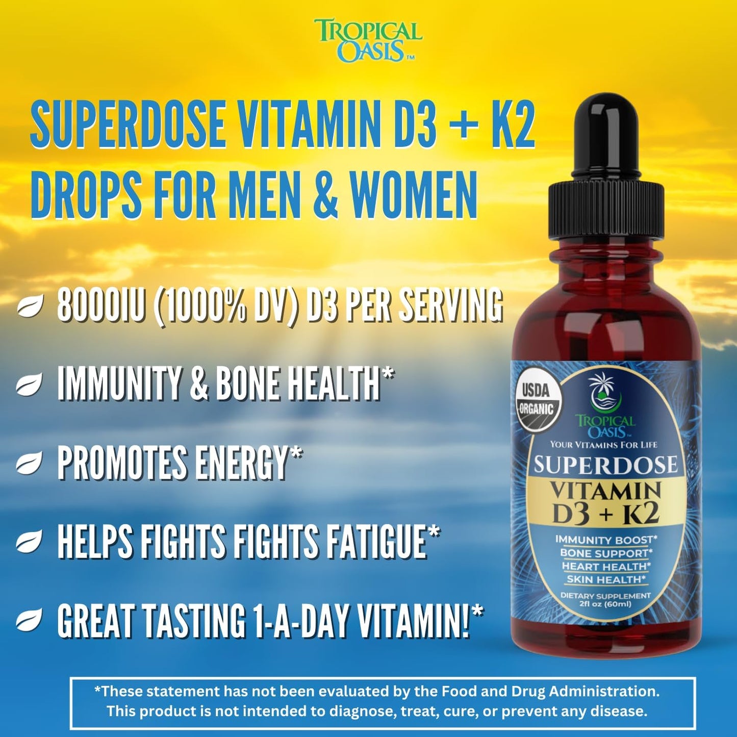 Organic Liquid Vitamin D3 K2 Drops for Adults | High-Potency 8000IU Vitamin D3 | Immune & Bone Health Supplement | 60 Servings | Vegan, Non-GMO | 2 Fl Oz Bottle