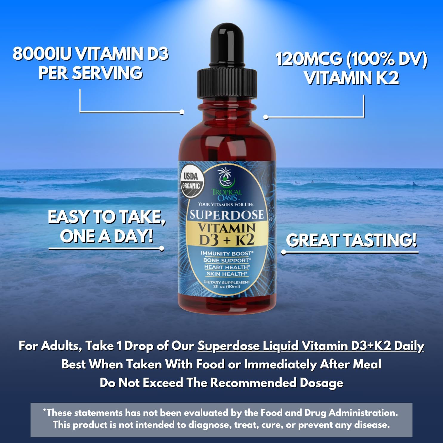 Organic Liquid Vitamin D3 K2 Drops for Adults | High-Potency 8000IU Vitamin D3 | Immune & Bone Health Supplement | 60 Servings | Vegan, Non-GMO | 2 Fl Oz Bottle