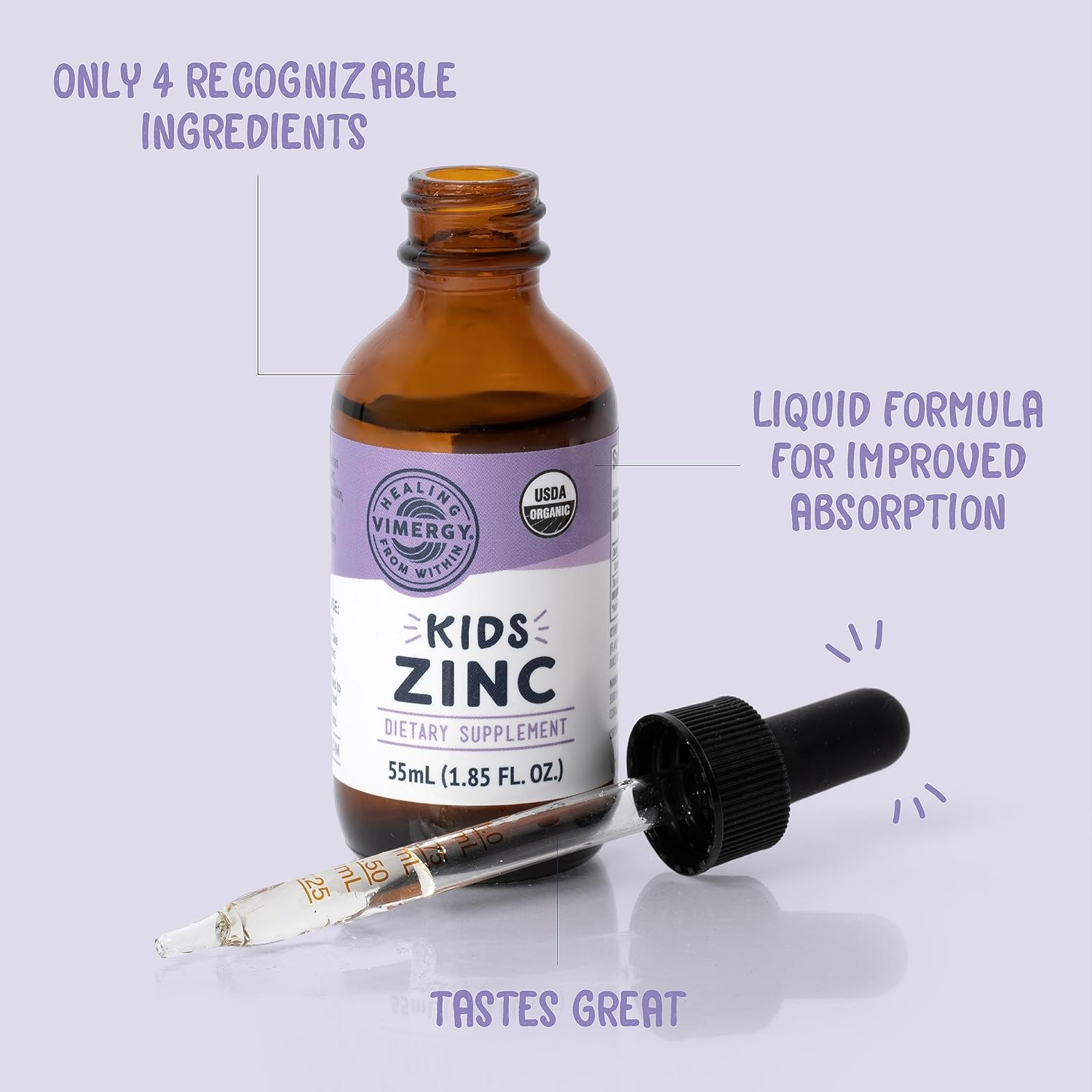 Organic Liquid Zinc for Kids - Immune Support & Healthy Bones - USDA Organic, Kosher, Vegan - 55 mL
