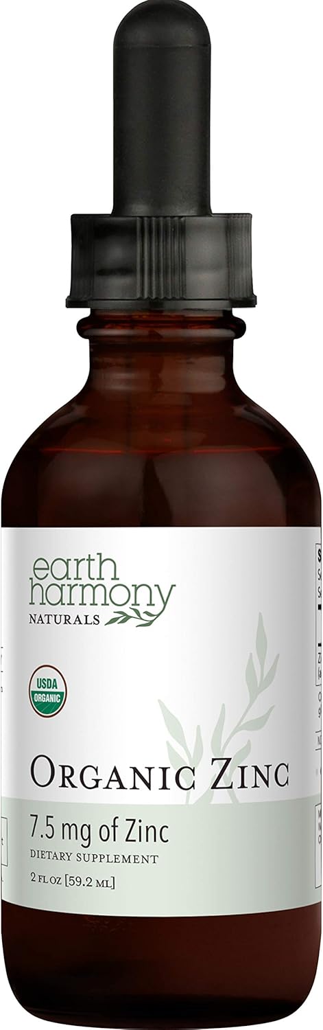 Organic Liquid Zinc Sulfate Supplement for Skin Health & Immune System Support - Non-GMO, Vegan, 7.5mg - 2 Fl Oz Bottle by Earth Harmony Naturals
