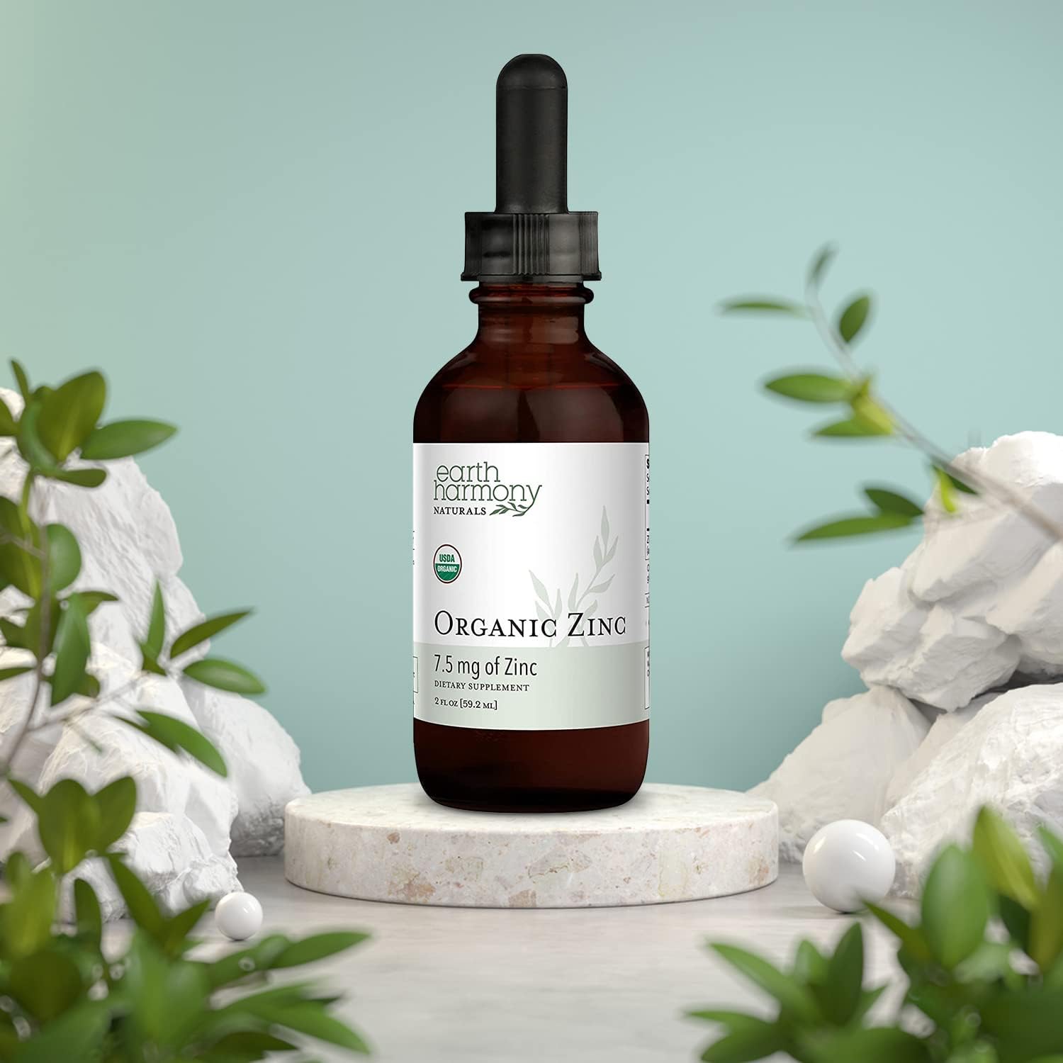 Organic Liquid Zinc Sulfate Supplement for Skin Health & Immune System Support - Non-GMO, Vegan, 7.5mg - 2 Fl Oz Bottle by Earth Harmony Naturals