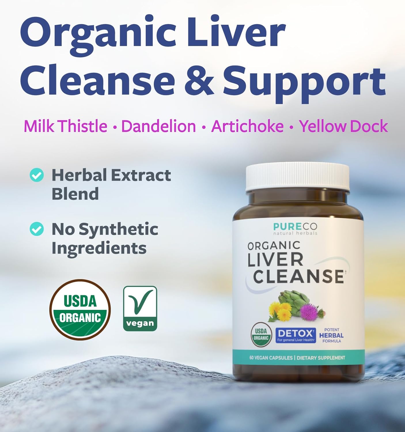 Organic Liver Cleanse Detox & Repair Supplement - Vegan, Non-GMO Formula with Milk Thistle, Dandelion Root, Artichoke Leaf, Yellow Dock - Liver Health Support - 60 Capsules - No Pills
