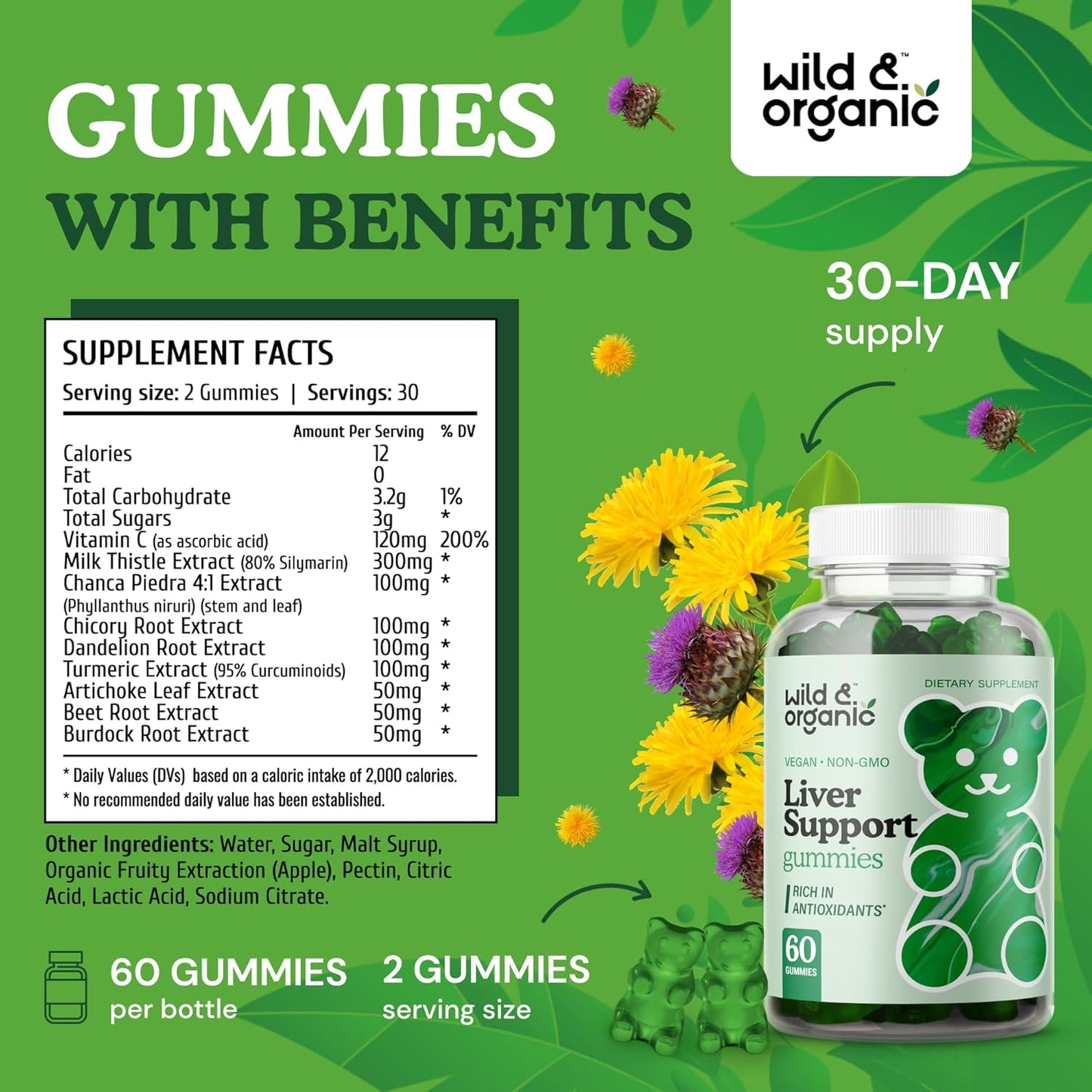 Organic Liver Cleanse Gummies with Milk Thistle & Dandelion Root Extract - 60 Silymarin Gummies for Detox - Vegan & Non-GMO Herbal Supplement