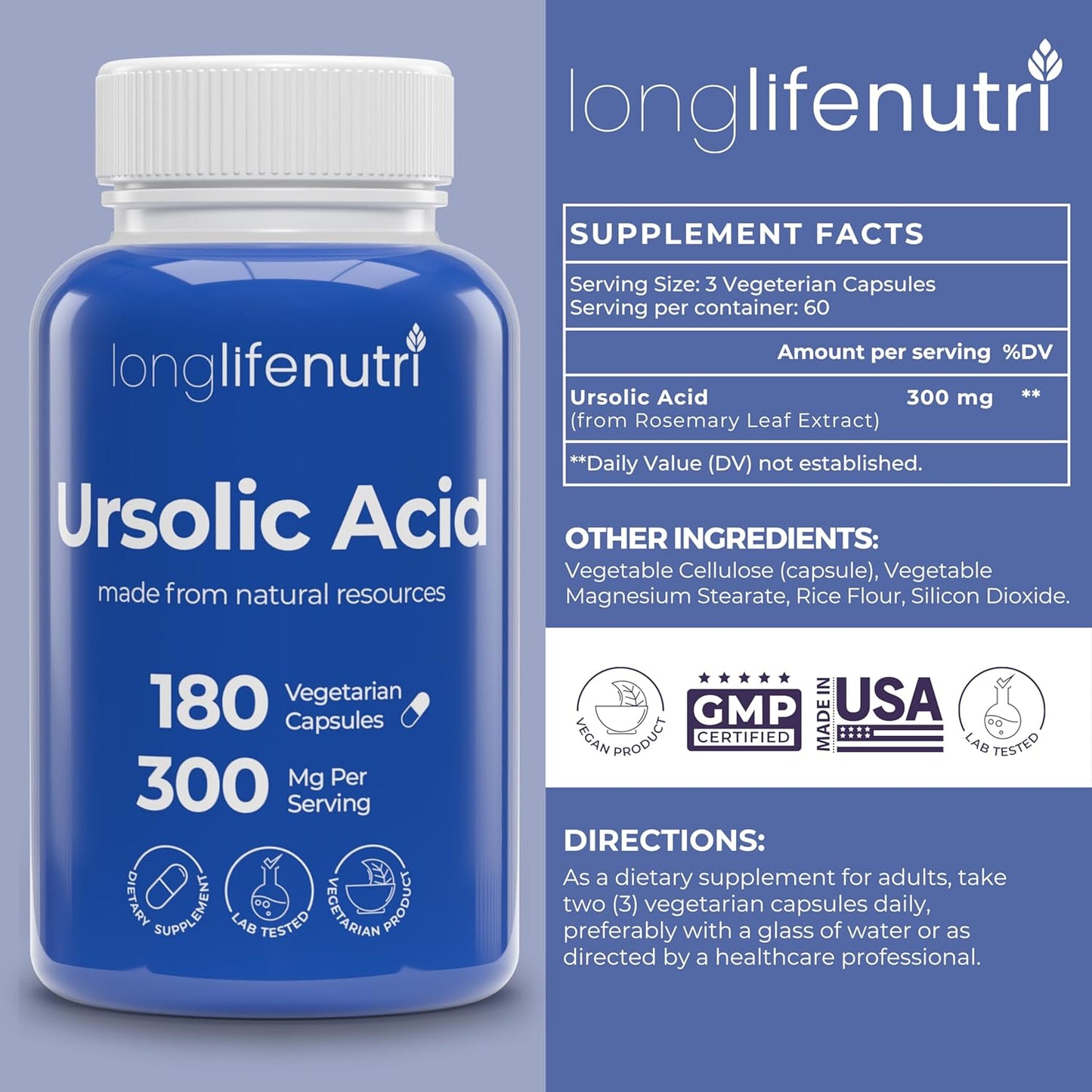 Organic LongLifeNutri Ursolic Acid 300mg Capsules - Rosemary Leaf Extract, 180 Vegetarian Caps, Muscle Growth & Recovery Supplement, 2-Month Supply, Lab Tested, GMP Certified, USA Made