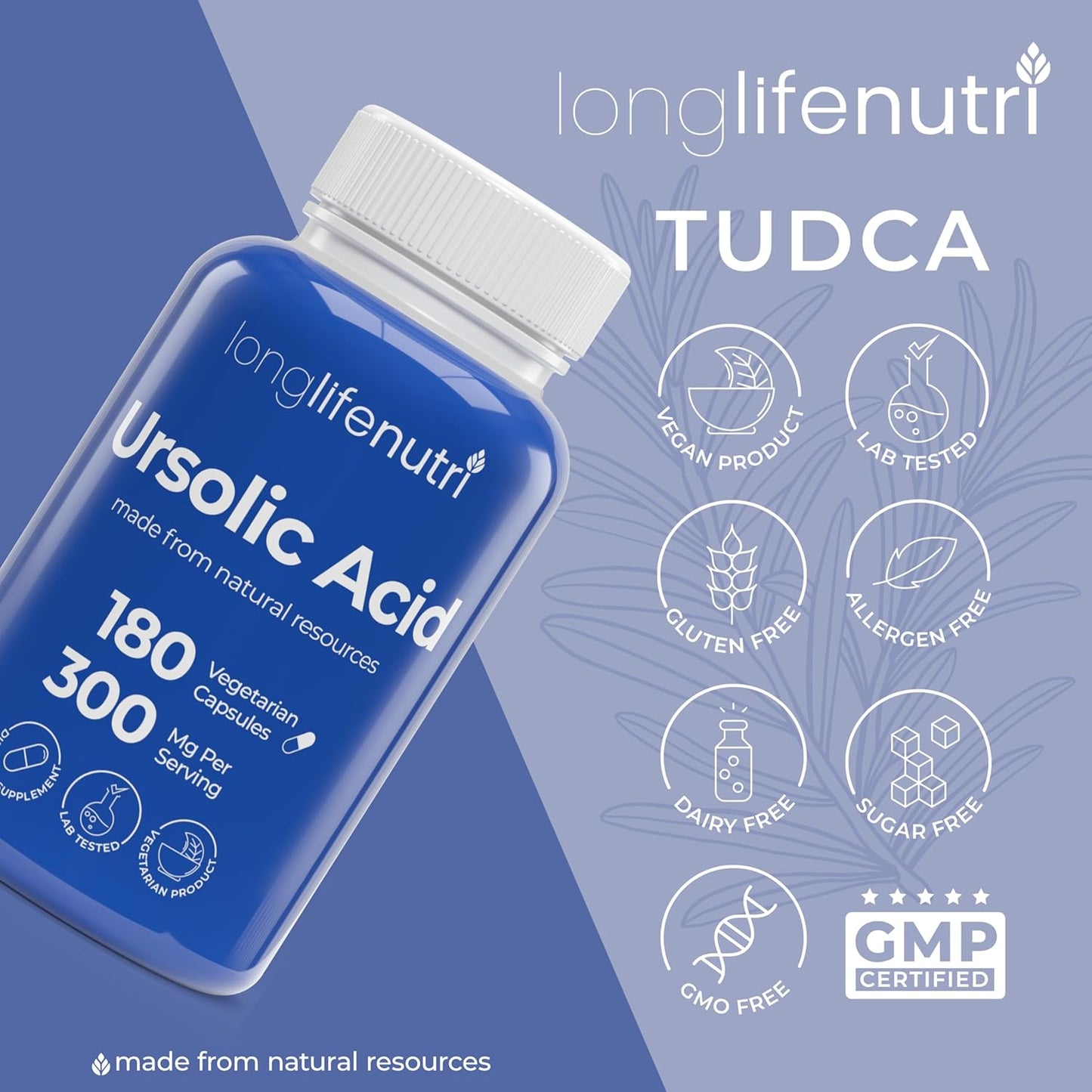 Organic LongLifeNutri Ursolic Acid 300mg Capsules - Rosemary Leaf Extract, 180 Vegetarian Caps, Muscle Growth & Recovery Supplement, 2-Month Supply, Lab Tested, GMP Certified, USA Made