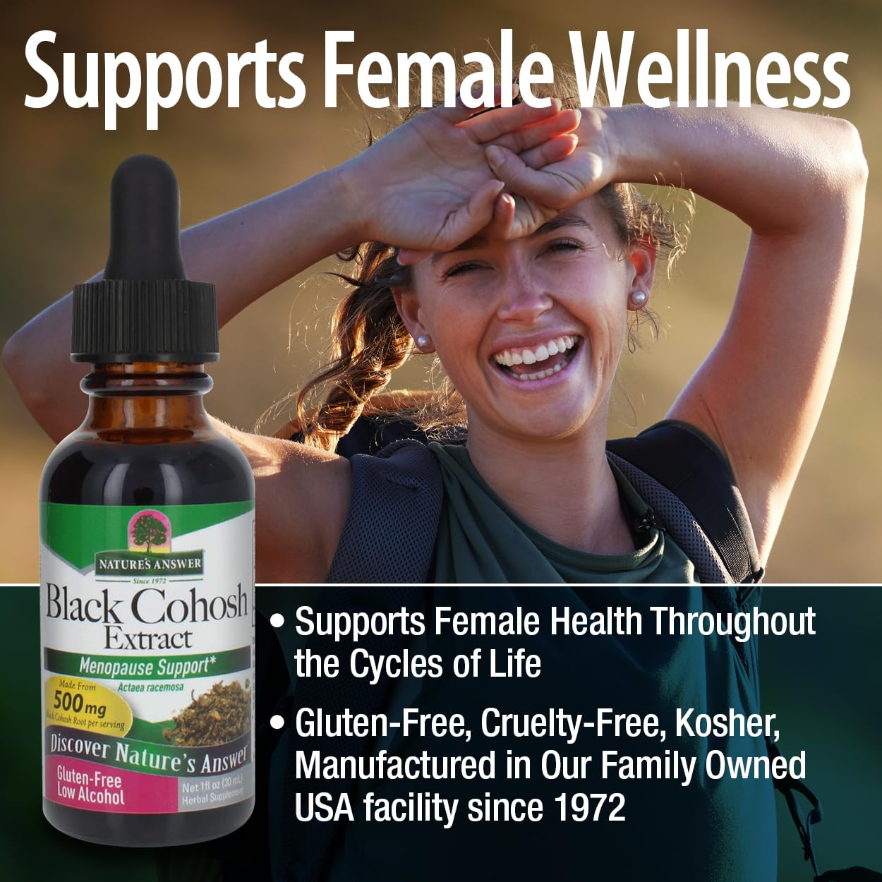 Organic Low Alcohol Black Cohosh Extract 1oz - Menopause Support Supplement - Kosher, Gluten-Free - USA-Made Women's Health Product