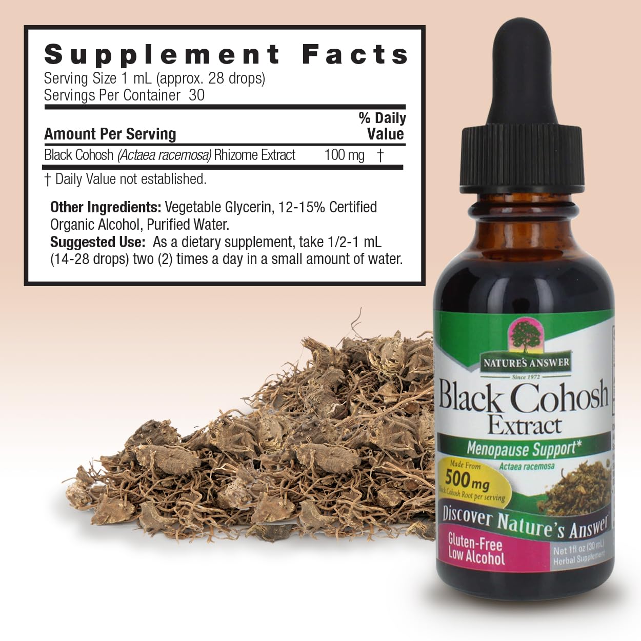 Organic Low Alcohol Black Cohosh Extract 1oz - Menopause Support Supplement - Kosher, Gluten-Free - USA-Made Women's Health Product