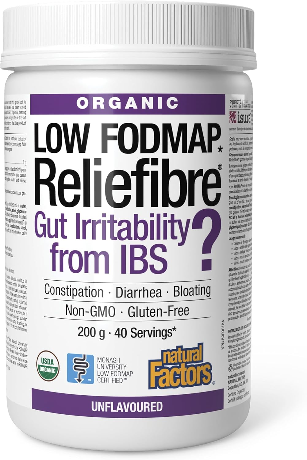 Organic Low FODMAP Reliefiber Digestive Fiber Powder - Unflavored 5.3 Oz by Natural Factors