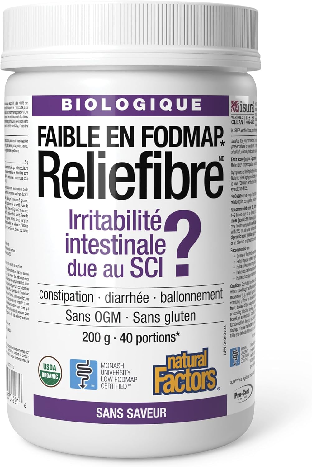 Organic Low FODMAP Reliefiber Digestive Fiber Powder - Unflavored 5.3 Oz by Natural Factors