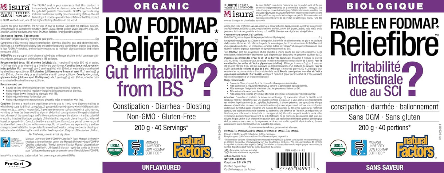 Organic Low FODMAP Reliefiber Digestive Fiber Powder - Unflavored 5.3 Oz by Natural Factors