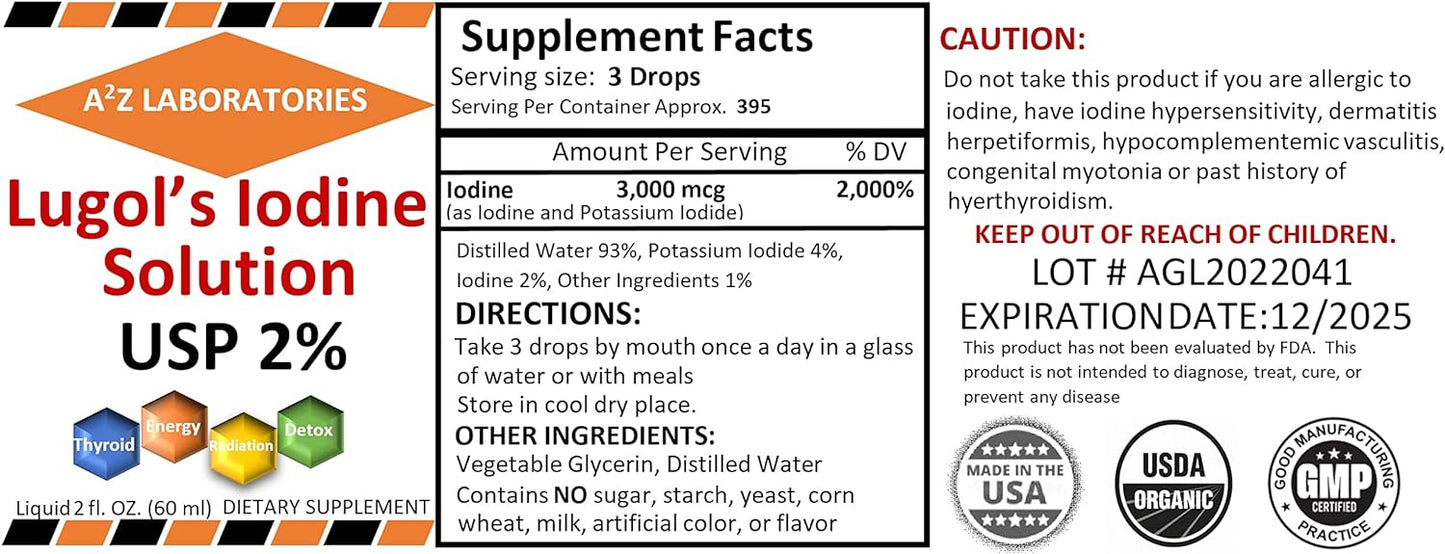 Organic Lugol's Iodine and Potassium Iodide 2% Solution 3000 mcg - Liquid Thyroid Support Supplement - Metabolism & Detox Boost - 2 Fl Oz USA Made - Fast Shipping