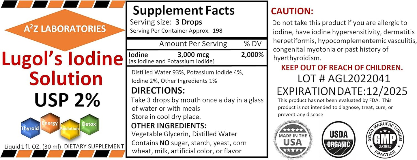 Organic Lugol's Iodine & Potassium Iodide 2% Solution 3000 mcg Liquid Drops for Thyroid Support - Metabolism & Detox Boost - 1 Fl Oz - Made in USA - Fast Shipping