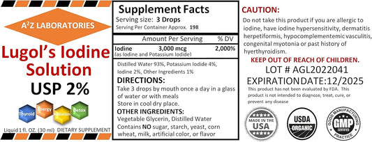 Organic Lugol's Iodine & Potassium Iodide 2% Solution 3000 mcg Liquid Drops for Thyroid Support - Metabolism & Detox Boost - 1 Fl Oz - Made in USA - Fast Shipping