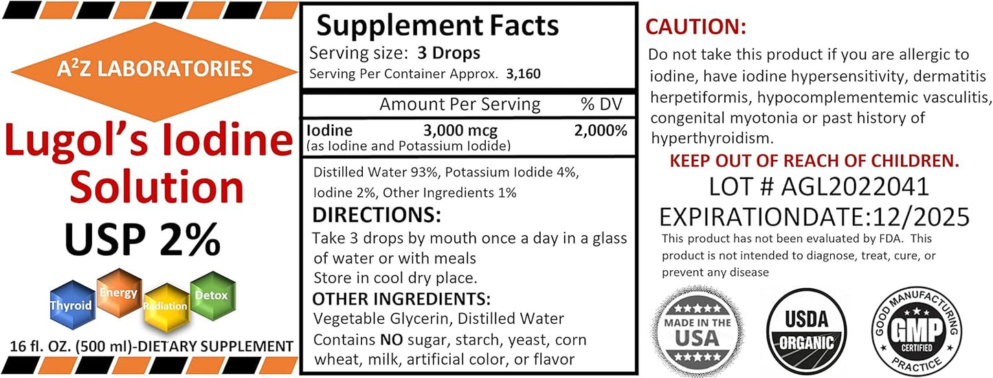 Organic Lugol's Iodine & Potassium Iodide Liquid Supplement Drops - 2% Solution, 3000 mcg - Thyroid Support, Metabolism Health, Detox Boost - 16 Fl Oz - Fast Shipping!