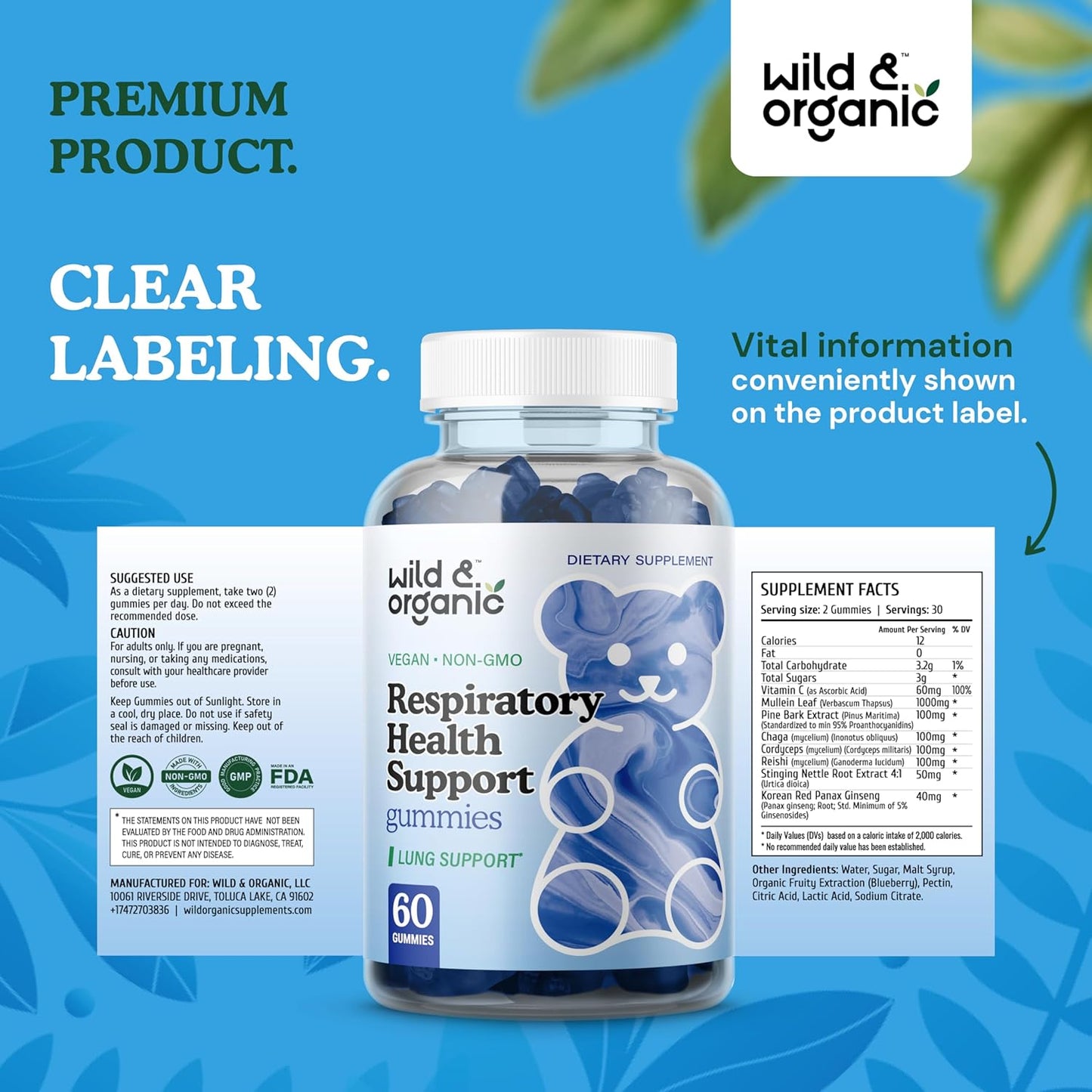 Organic Lung Cleanse Gummies - 1000mg Mullein & Mushroom Blend for Lungs - Vegan & Non-GMO - 60 Chews