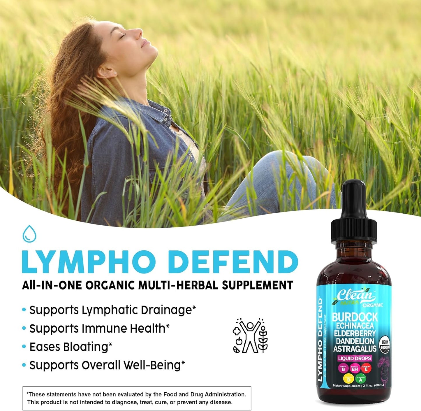 Organic Lymphatic Drainage Drops Supplement with Burdock Root Echinacea Elderberry for Immune Support by Clean Nutra
