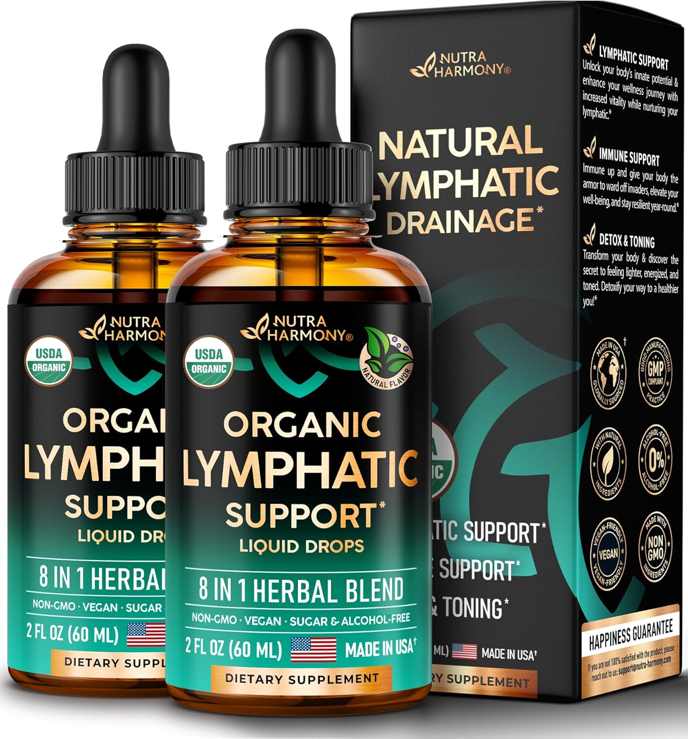 Organic Lymphatic Drainage Supplement with Echinacea, Elderberry, Dandelion, Rosehip - Made in USA - Immune Support, Cleanse & Detox - 2 Pack