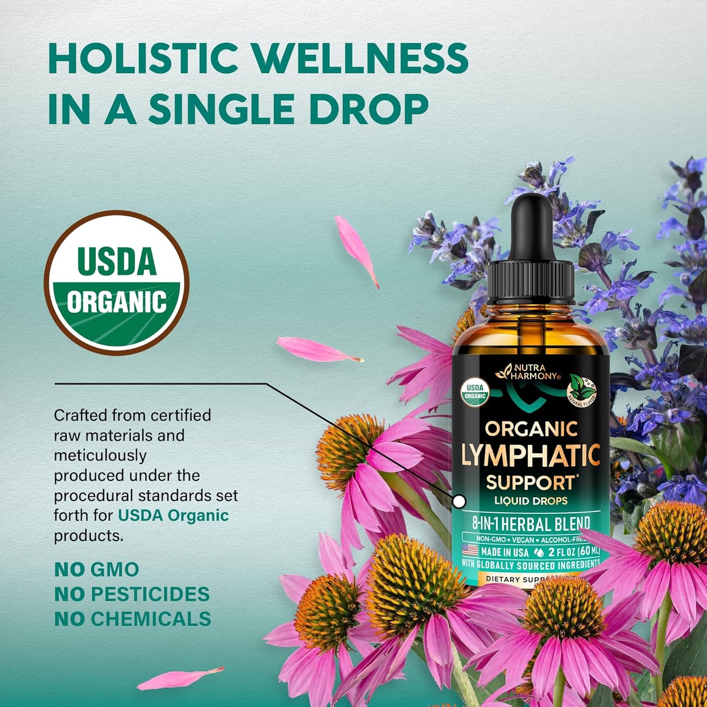 Organic Lymphatic Drainage Supplement with Echinacea, Elderberry, Dandelion, Rosehip - Made in USA - Immune Support, Cleanse & Detox - 2 Pack