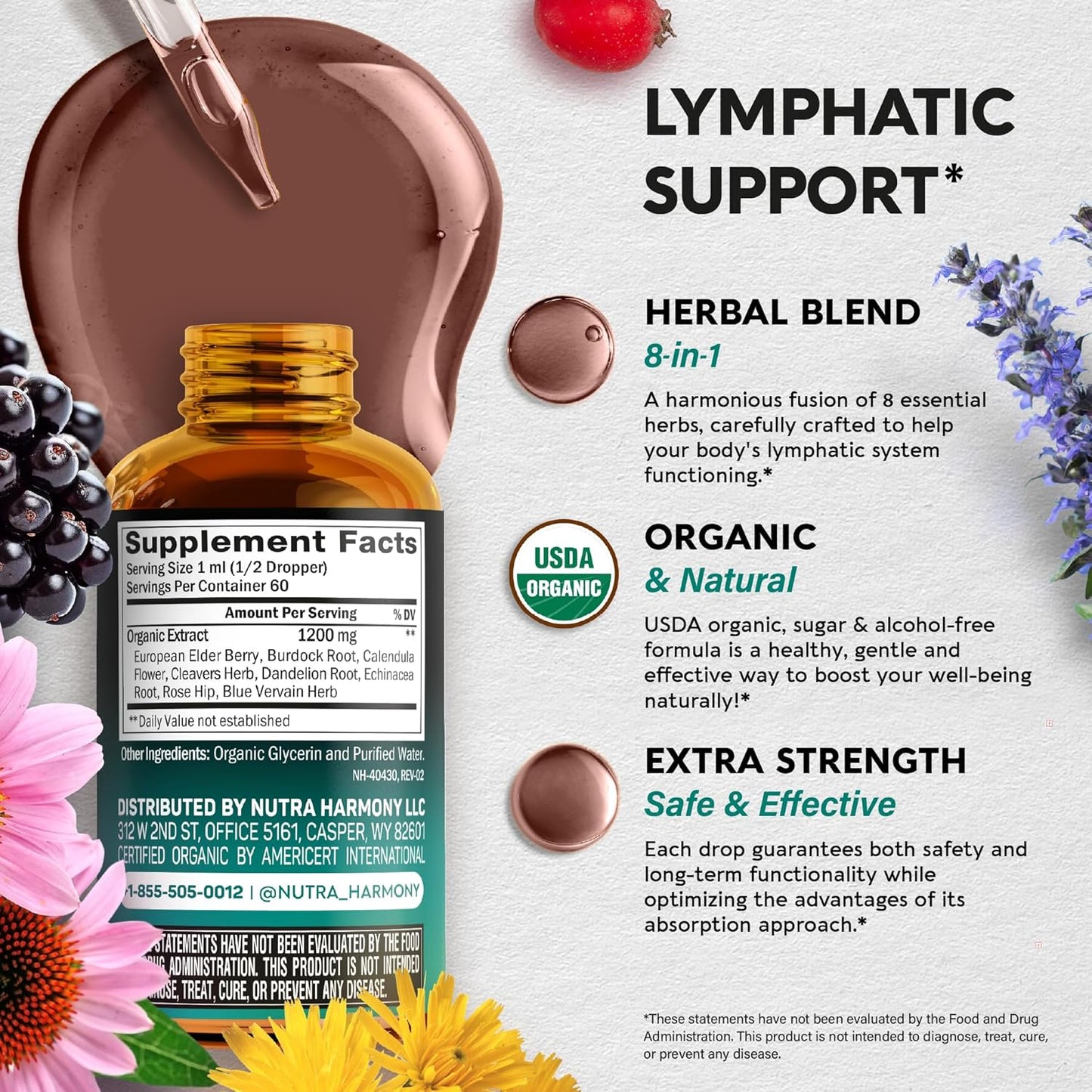 Organic Lymphatic Drainage Supplement with Echinacea, Elderberry, Dandelion, Rosehip - Made in USA - Immune Support, Cleanse & Detox - 2 Pack