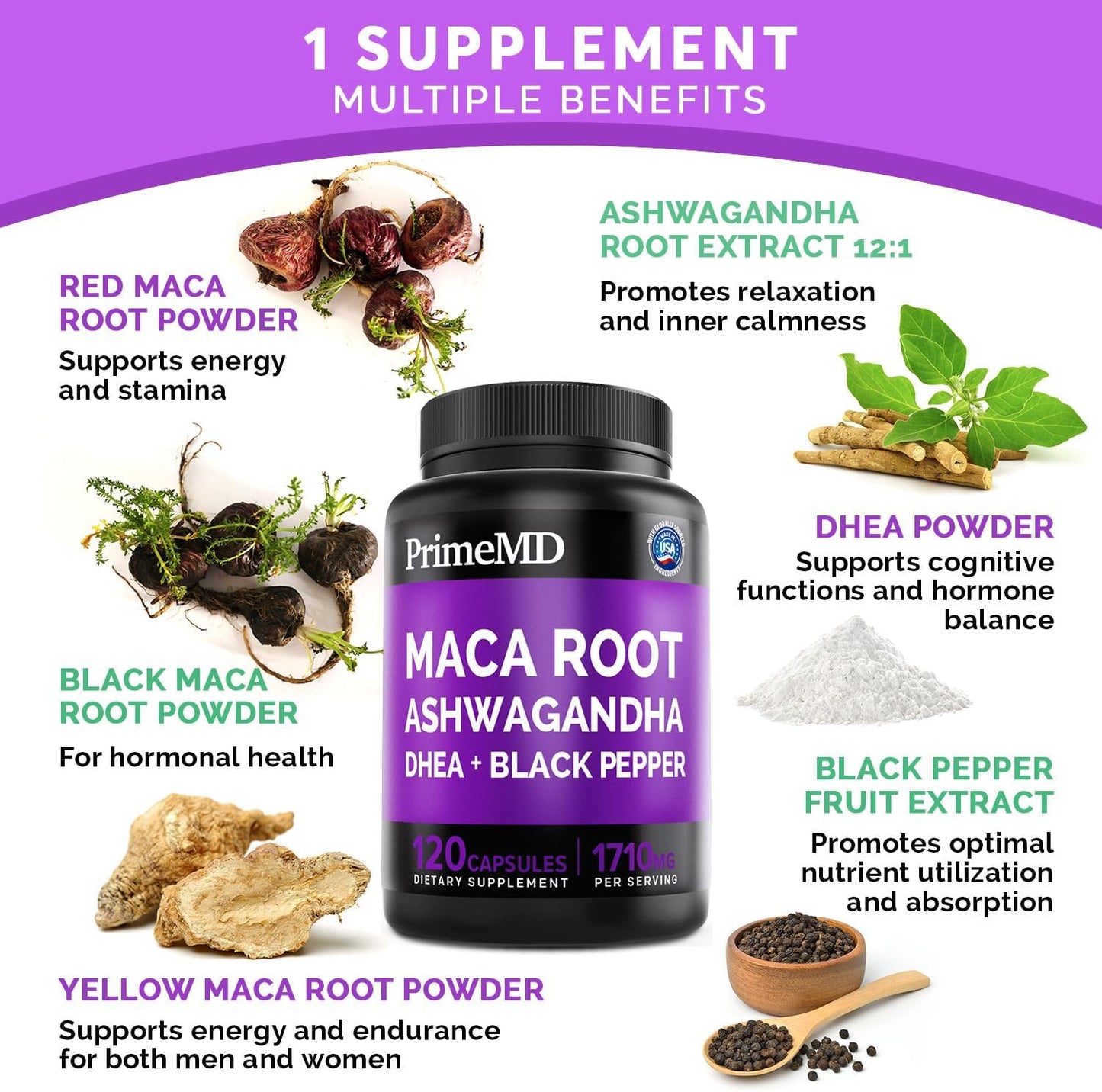Organic Maca Root Ashwagandha Capsules with DHEA - Stamina and Mood Support Supplement for Women and Men - 120ct