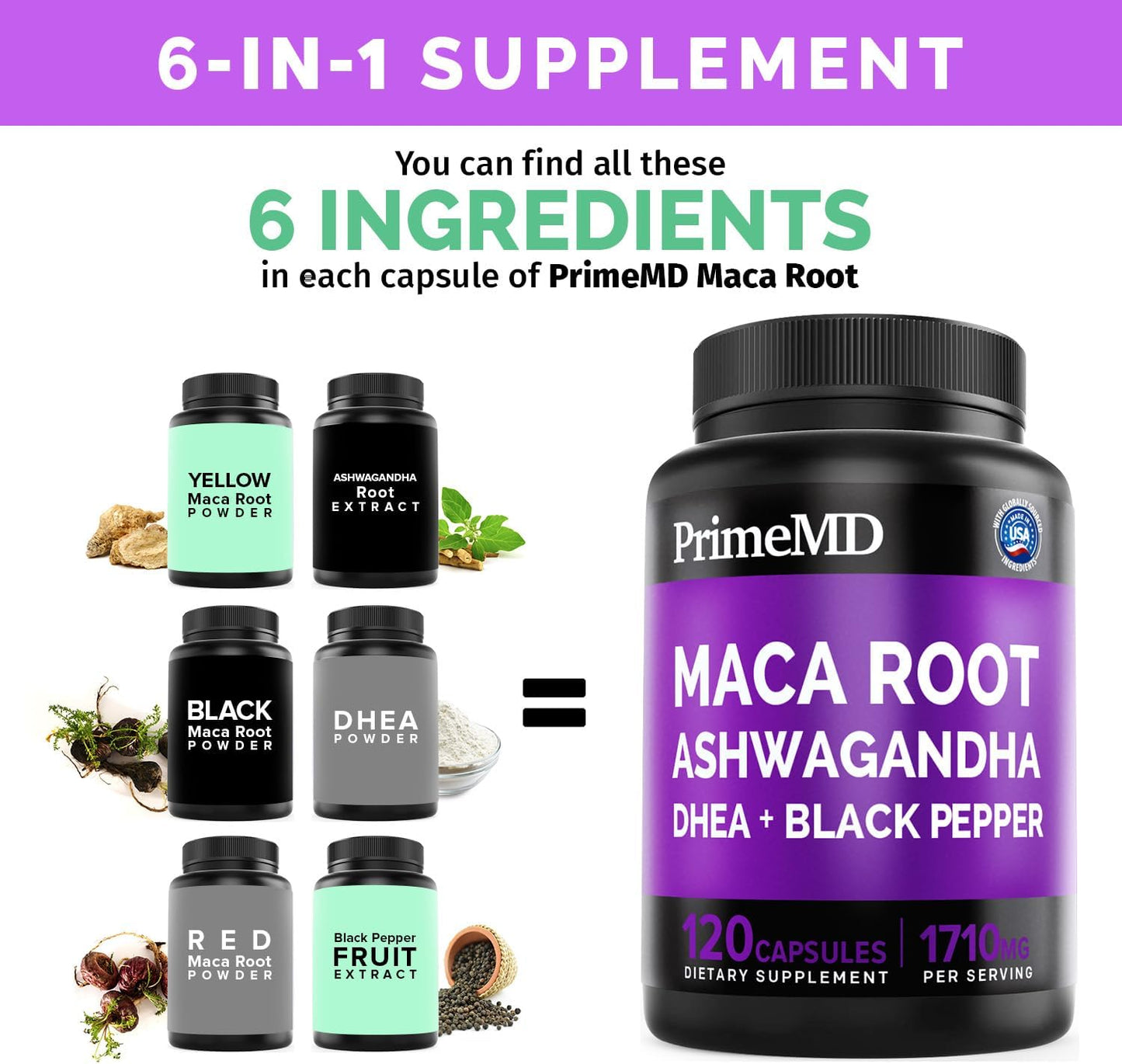 Organic Maca Root Ashwagandha Capsules with DHEA - Stamina and Mood Support Supplement for Women and Men - 120ct