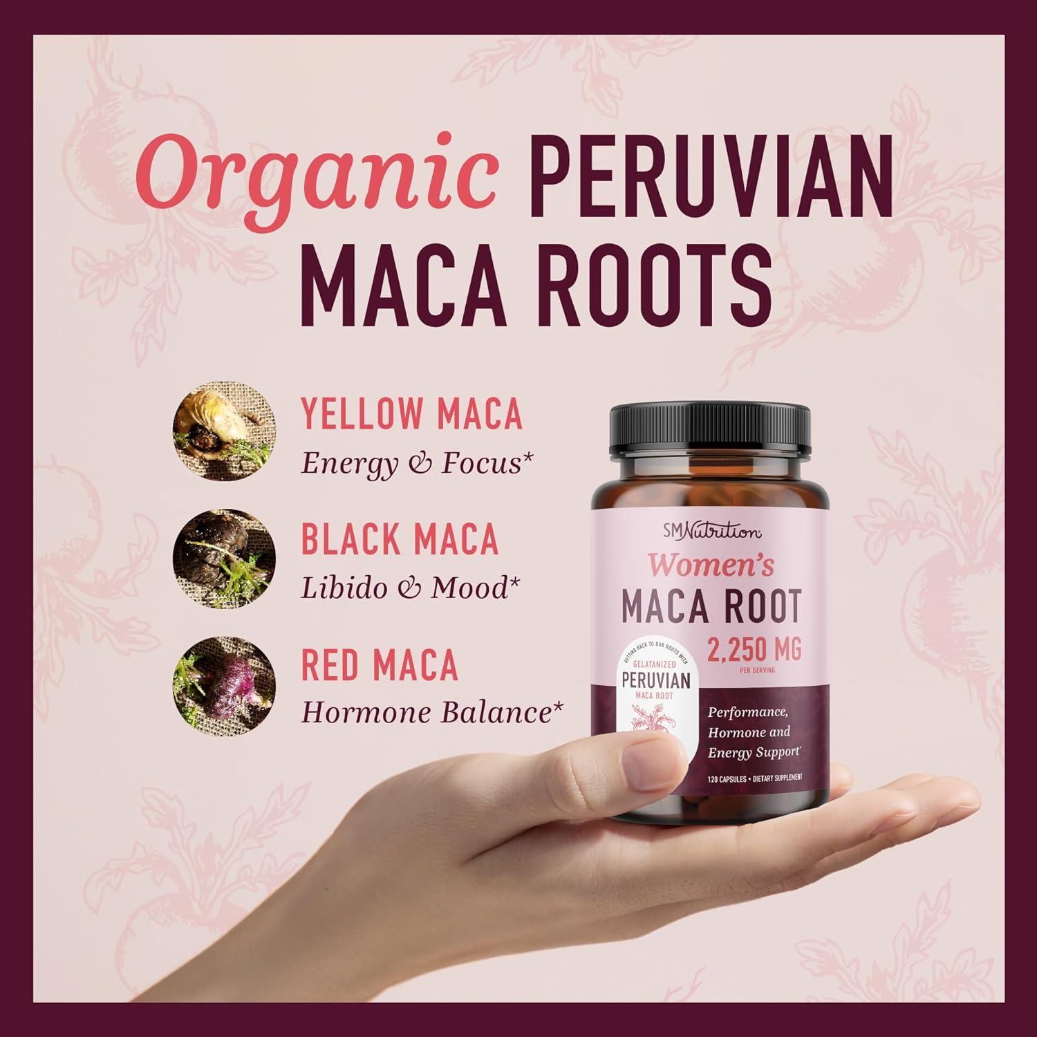 Organic Maca Root Capsules for Women | 2250MG Extra Strength Peruvian Maca Blend | Supports Energy & Hormone Balance | 120 Ct