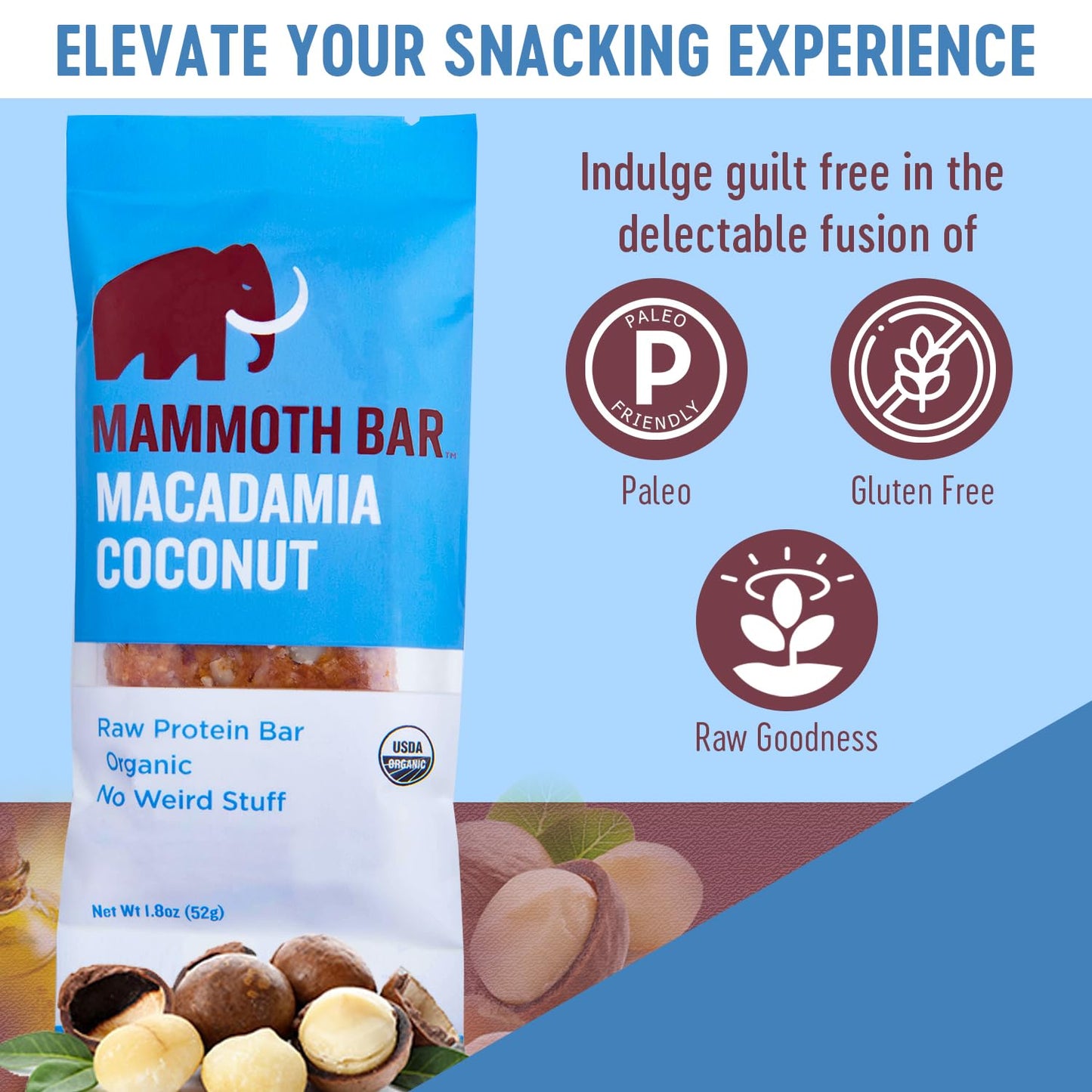Organic Mammoth Bar Macadamia Coconut Protein Snack Bar with Premium Nuts & Egg White - Paleo, Gluten Free, GMO Free, Raw - 10g Protein