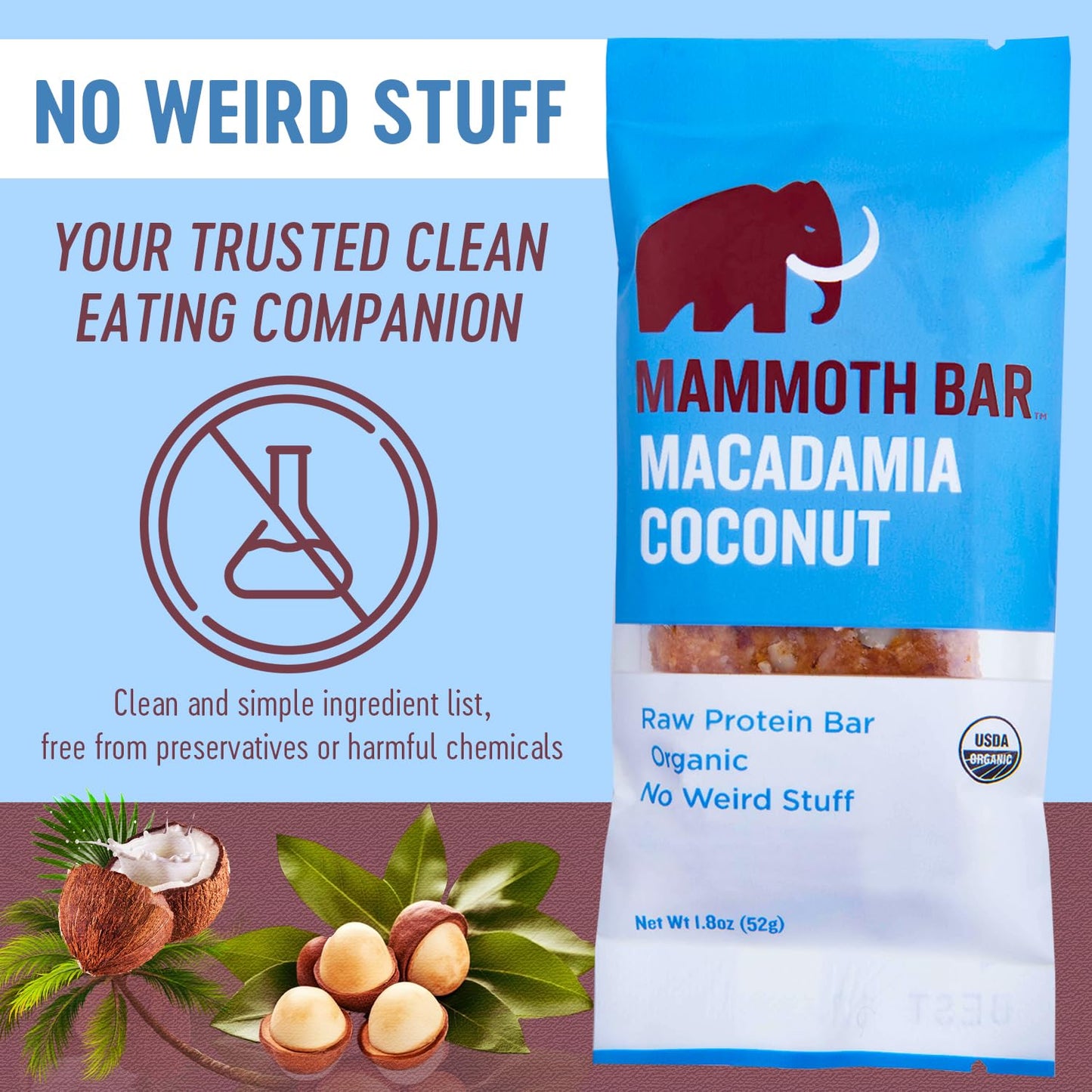 Organic Mammoth Bar Macadamia Coconut Protein Snack Bar with Premium Nuts & Egg White - Paleo, Gluten Free, GMO Free, Raw - 10g Protein
