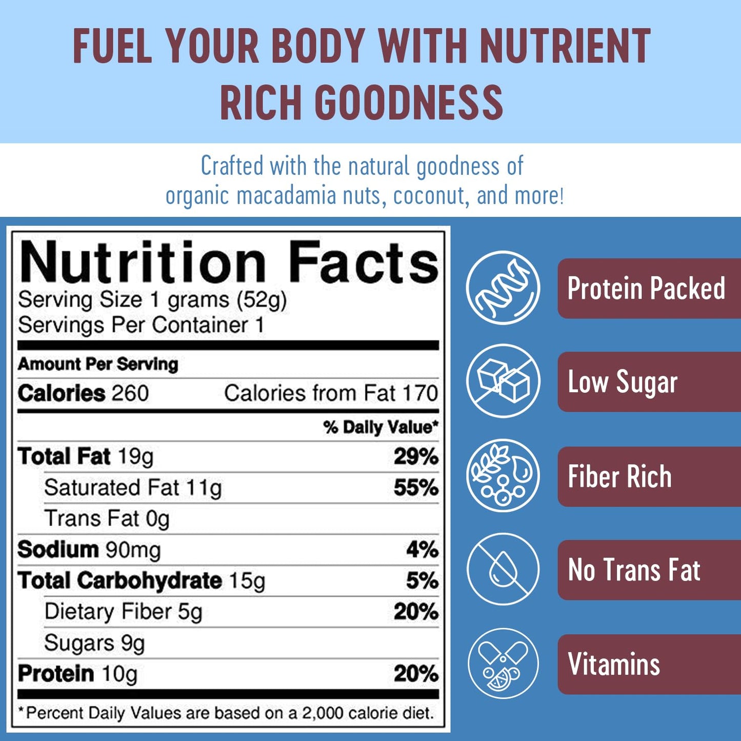 Organic Mammoth Bar Macadamia Coconut Protein Snack Bar with Premium Nuts & Egg White - Paleo, Gluten Free, GMO Free, Raw - 10g Protein