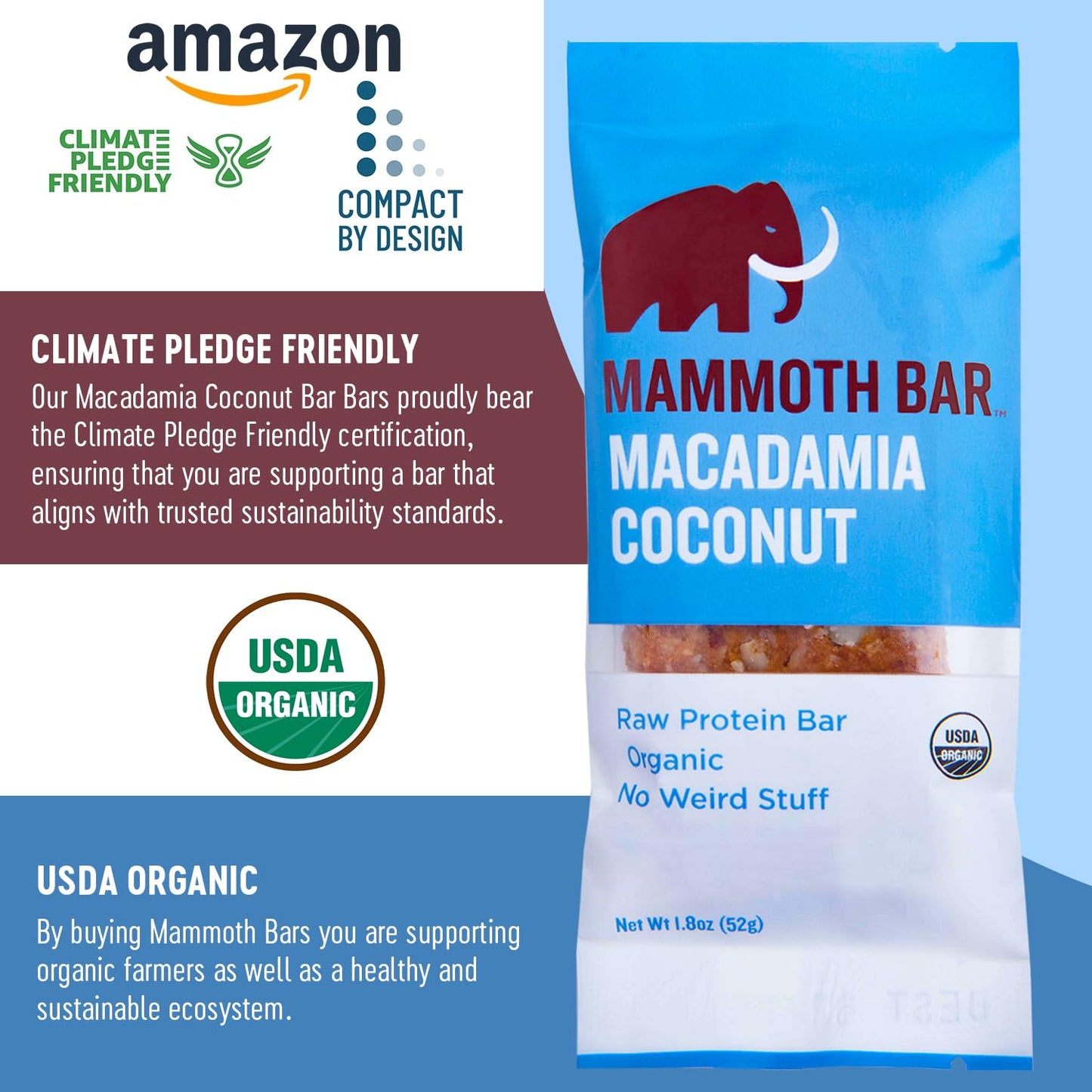 Organic Mammoth Bar Macadamia Coconut Protein Snack Bar with Premium Nuts & Egg White - Paleo, Gluten Free, GMO Free, Raw - 10g Protein