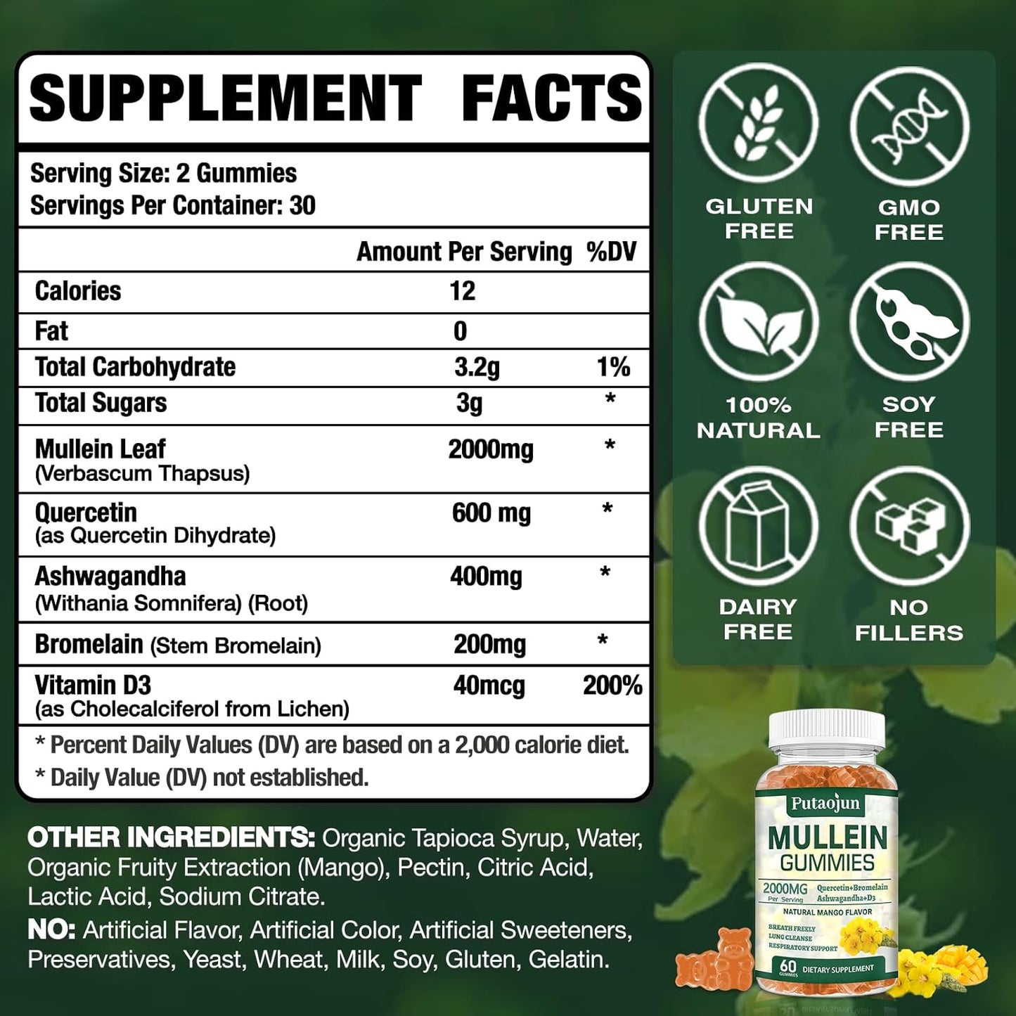 Organic Mango Flavored Mullein Gummies for Lung Health | Vegetarian Mullein Supplements for Immune Support | Non-Sticky Mullein Leaf Extract Gummies - 2 Pack