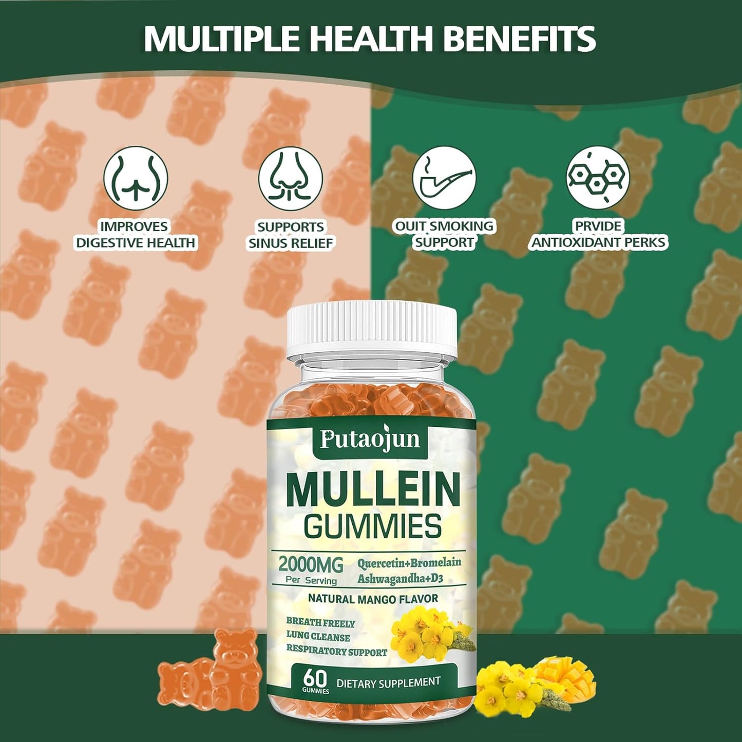 Organic Mango Flavored Mullein Gummies for Lung Health | Vegetarian Mullein Supplements for Immune Support | Non-Sticky Mullein Leaf Extract Gummies - 2 Pack